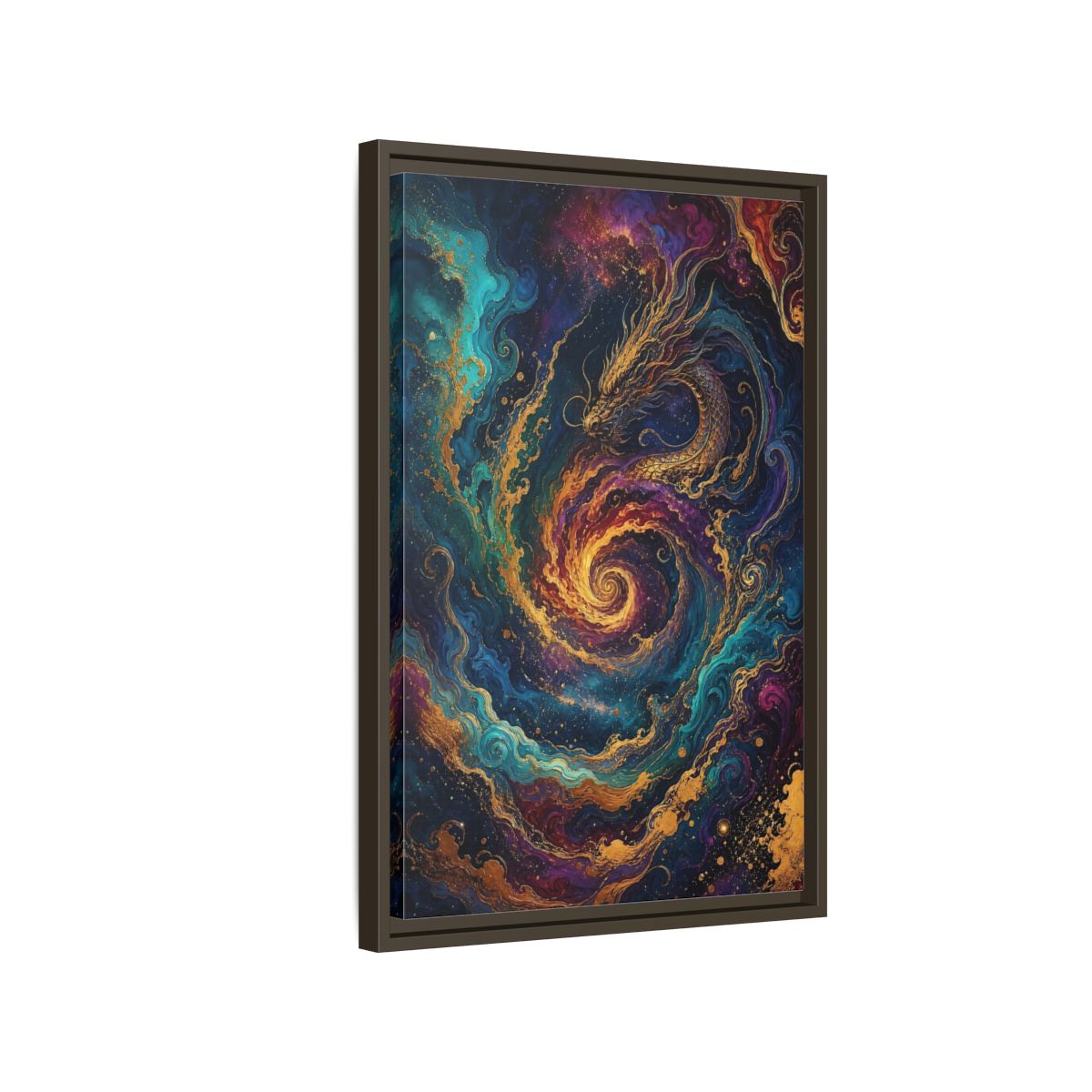 Side Mockup 2. Fairytale Dragon Vibrant Gold Dragon shown as stretched canvas wall art