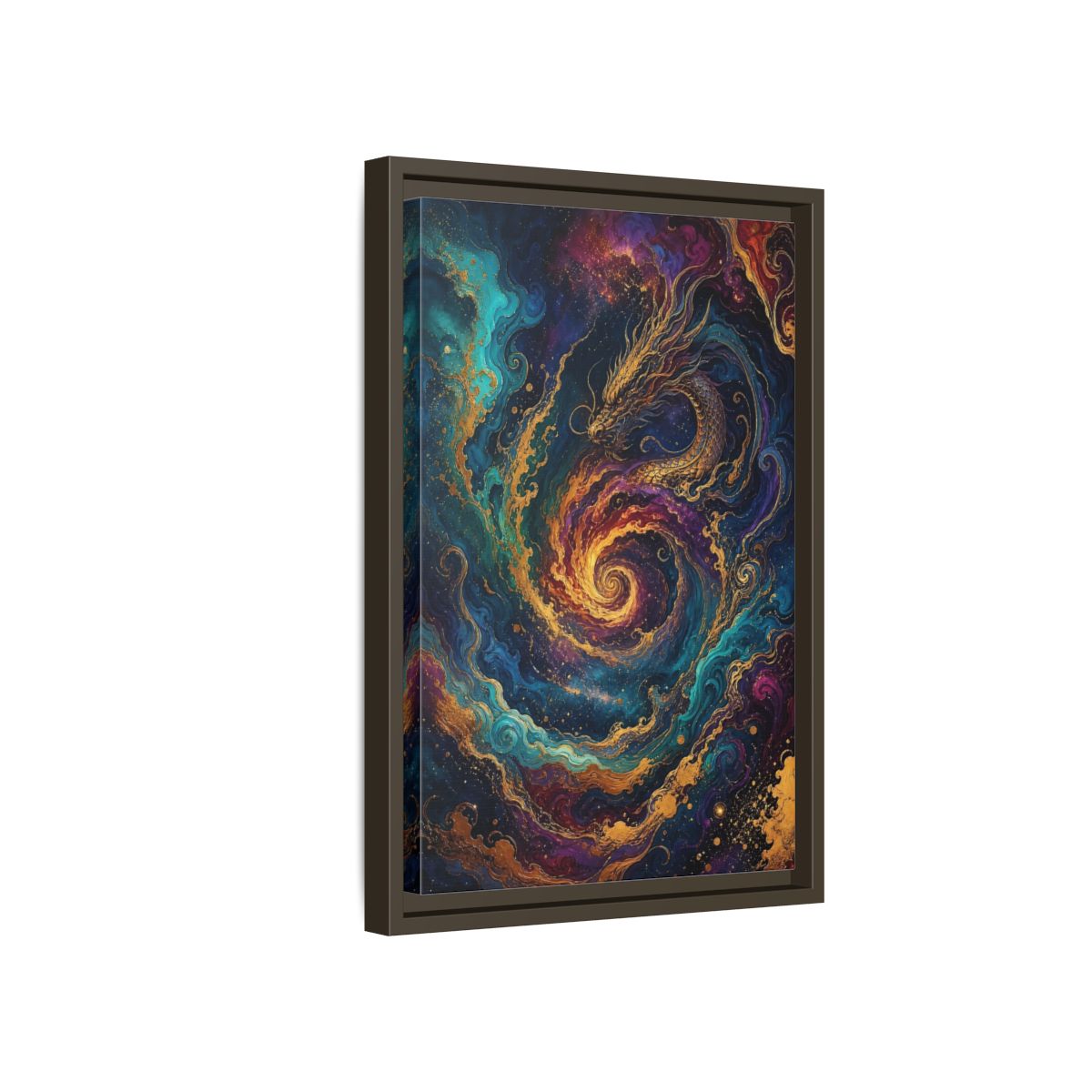 Side Mockup 5. Fairytale Dragon Vibrant Gold Dragon shown as stretched canvas wall art