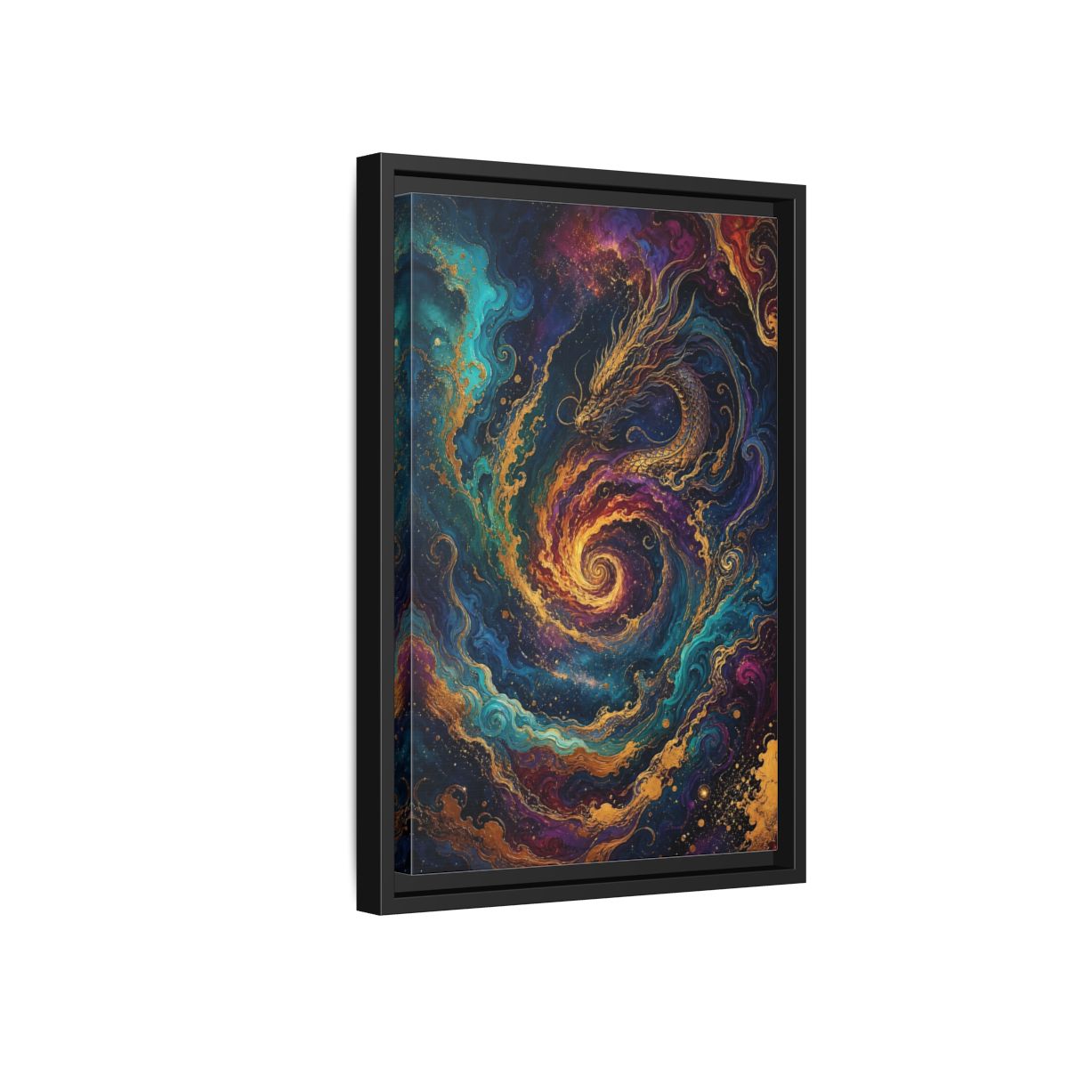 Side Mockup 6. Fairytale Dragon Vibrant Gold Dragon shown as stretched canvas wall art