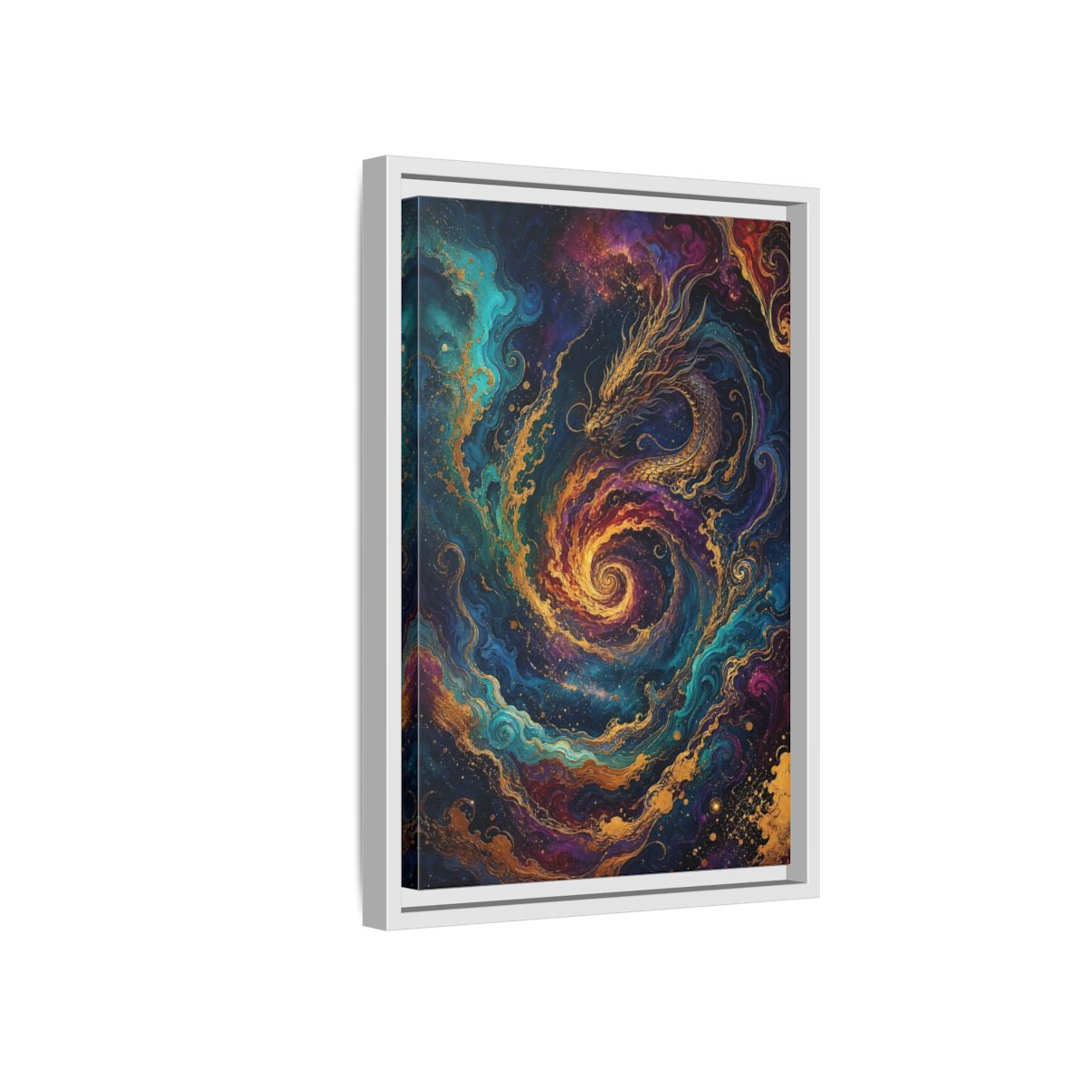 Side Mockup 4. Fairytale Dragon Vibrant Gold Dragon shown as stretched canvas wall art