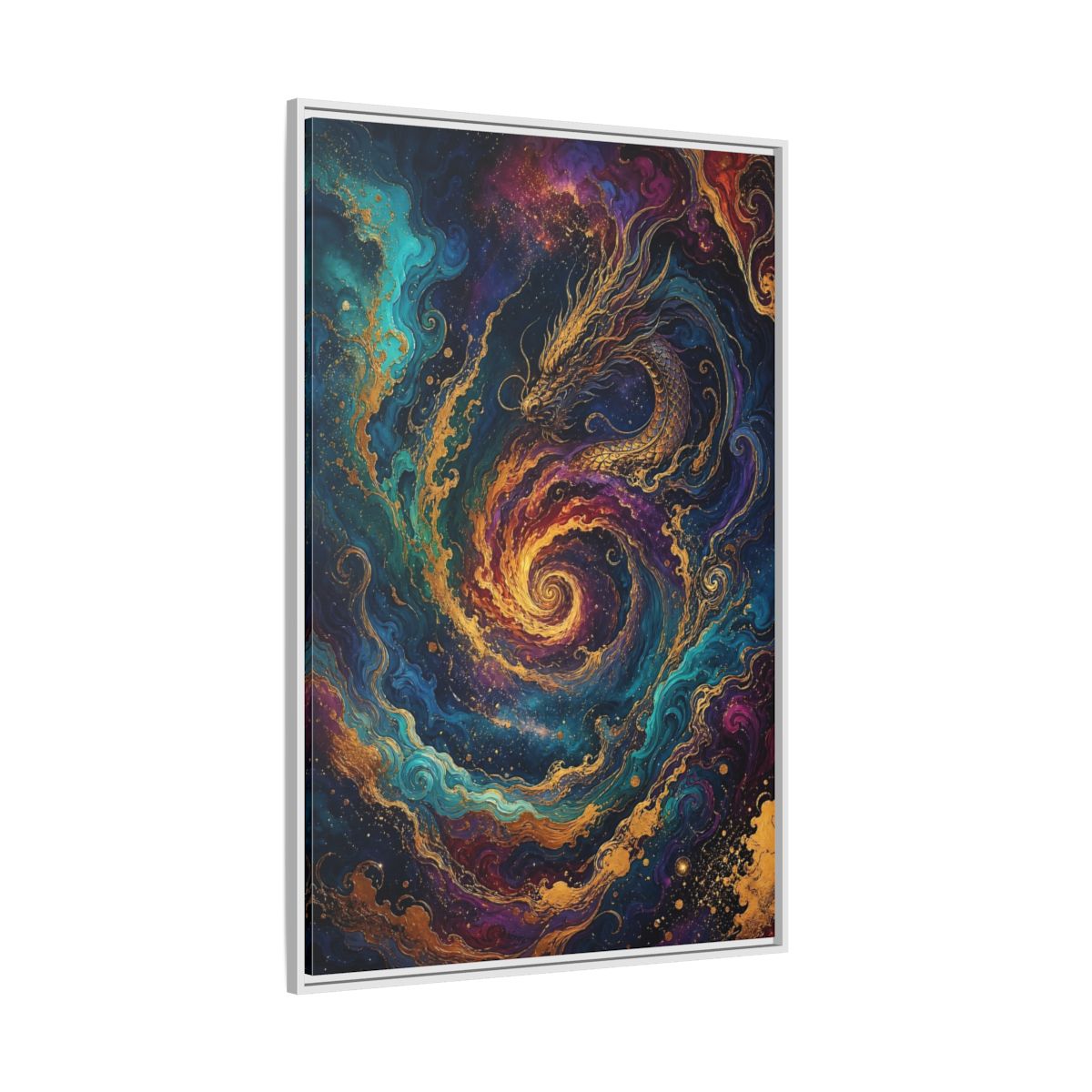 Side Mockup 7. Fairytale Dragon Vibrant Gold Dragon shown as stretched canvas wall art