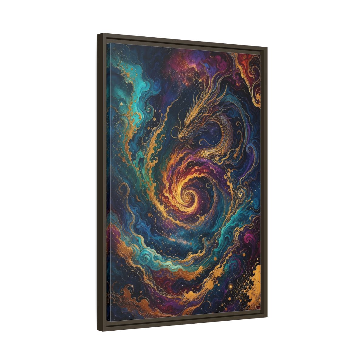 Side Mockup 11. Fairytale Dragon Vibrant Gold Dragon shown as stretched canvas wall art