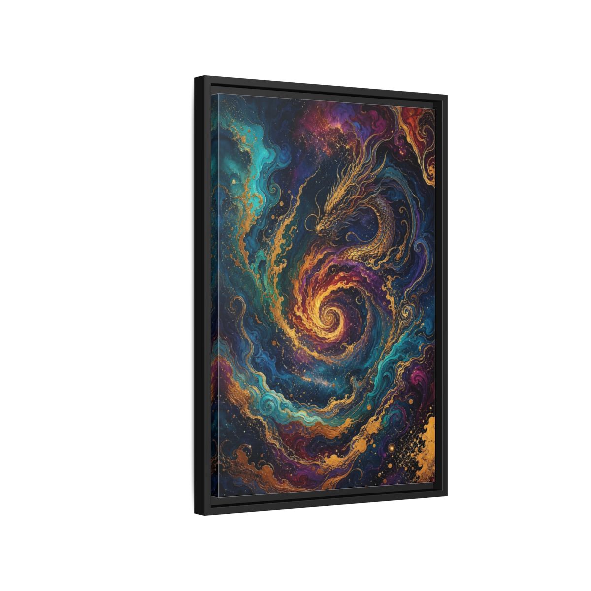 Side Mockup 3. Fairytale Dragon Vibrant Gold Dragon shown as stretched canvas wall art