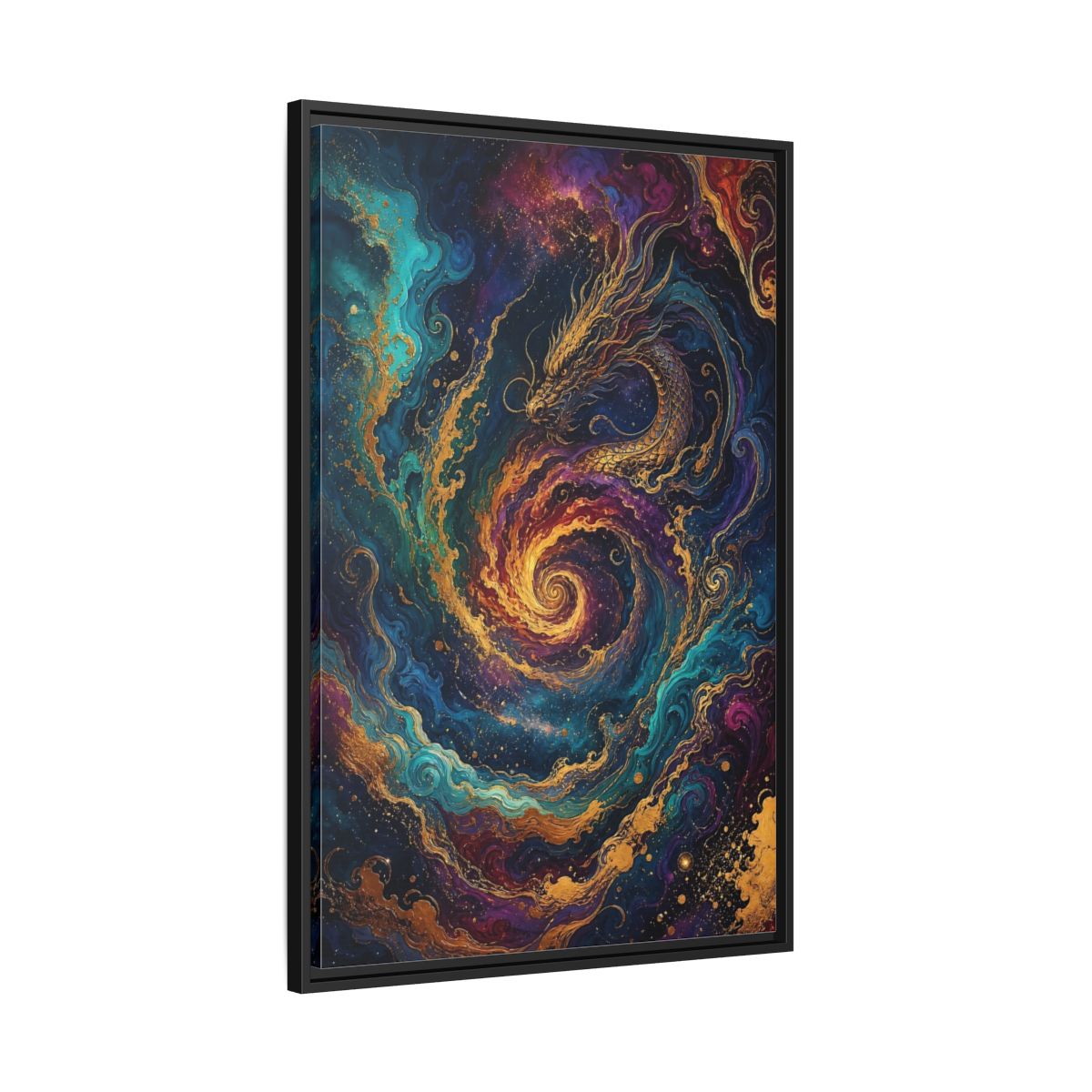 Side Mockup 13. Fairytale Dragon Vibrant Gold Dragon shown as stretched canvas wall art