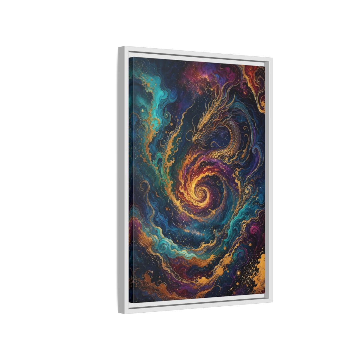 Side Mockup 1. Fairytale Dragon Vibrant Gold Dragon shown as stretched canvas wall art