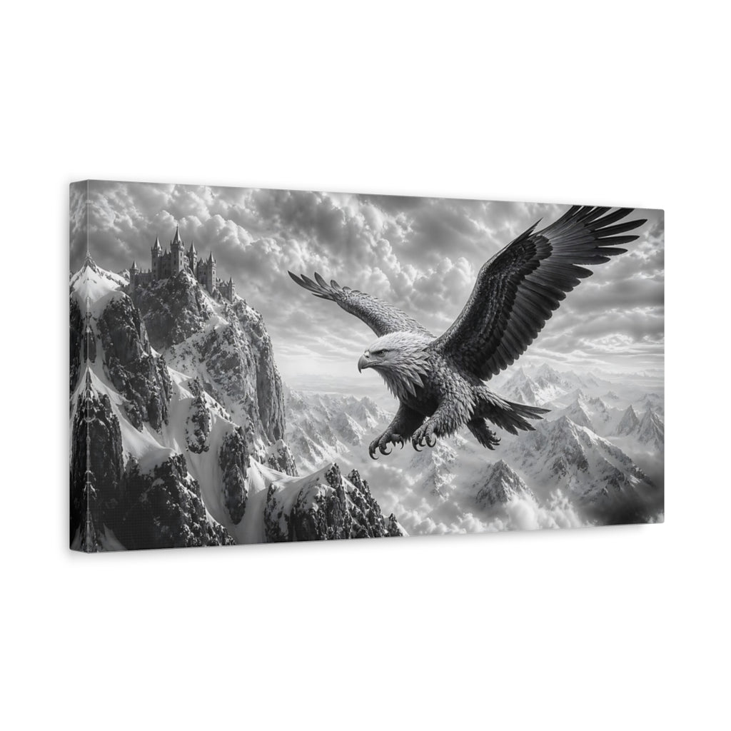 Side Mockup 3. Fairytale Eagle Monochrome Mountain Eagle shown as stretched canvas wall art