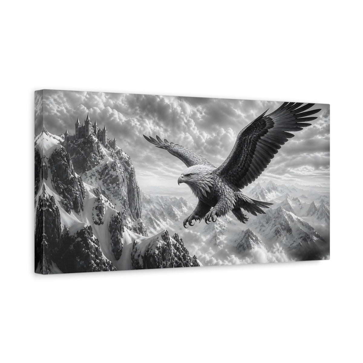 Side Mockup 3. Fairytale Eagle Monochrome Mountain Eagle shown as stretched canvas wall art