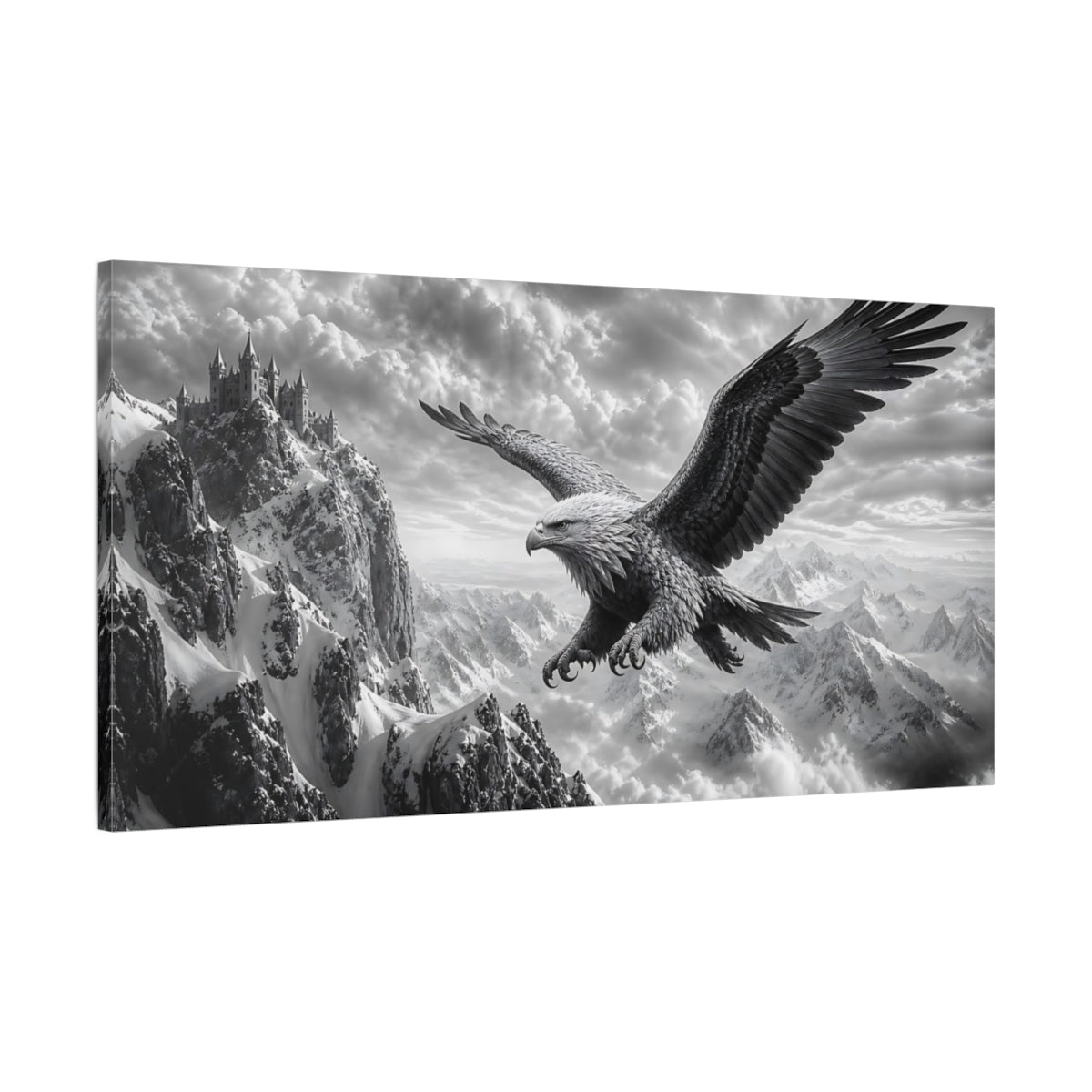 Main Mockup. Fairytale Eagle Monochrome Mountain Eagle shown as stretched canvas wall art