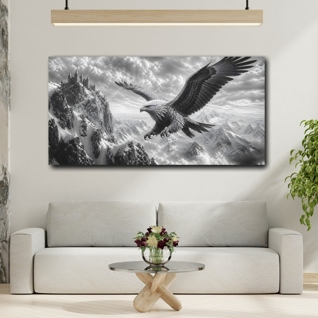 Mockup 2. Fairytale Eagle Monochrome Mountain Eagle shown as stretched canvas wall art