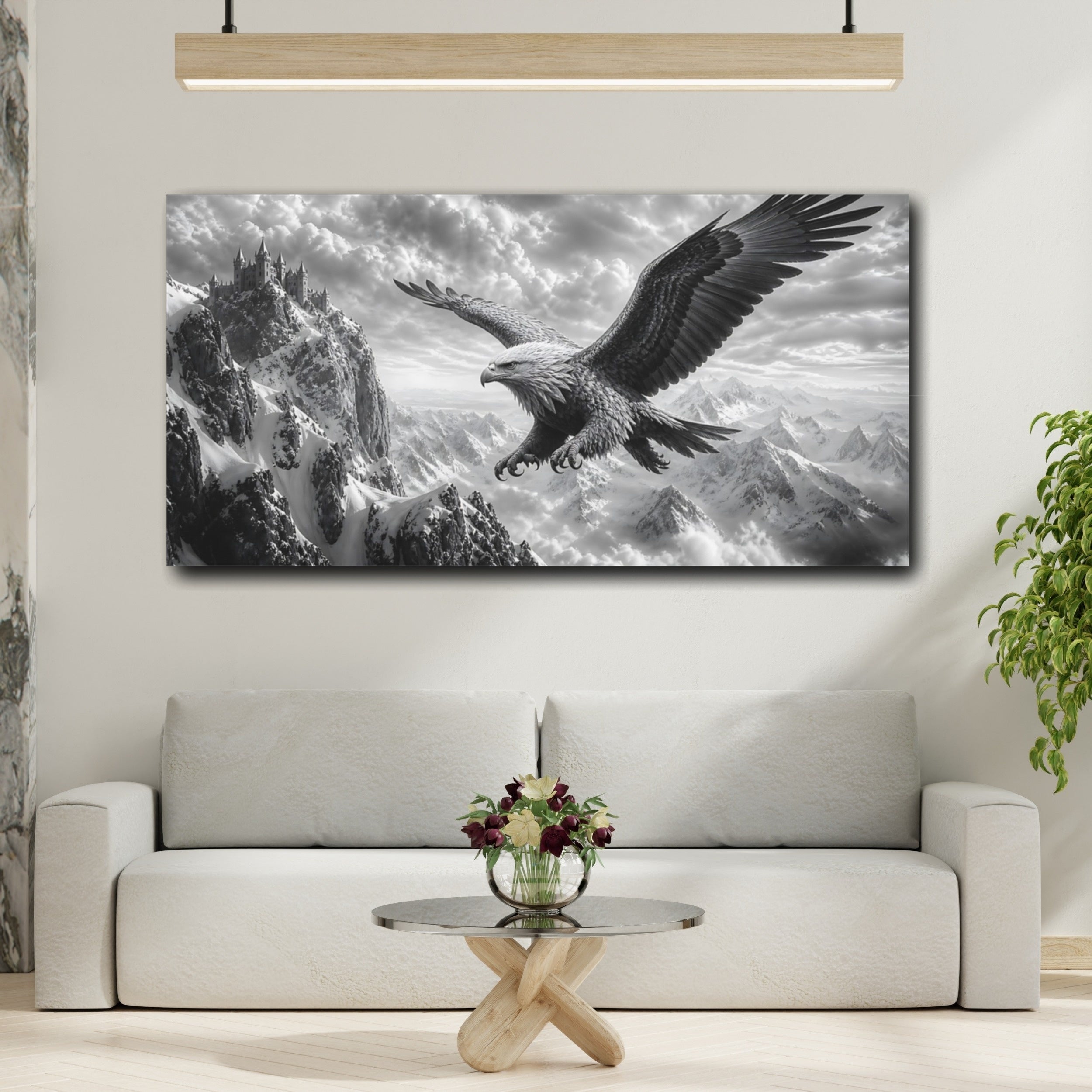 Mockup 2. Fairytale Eagle Monochrome Mountain Eagle shown as stretched canvas wall art