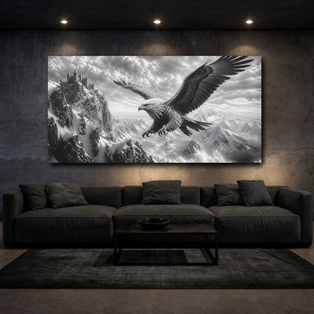 Mockup 3. Fairytale Eagle Monochrome Mountain Eagle shown as stretched canvas wall art
