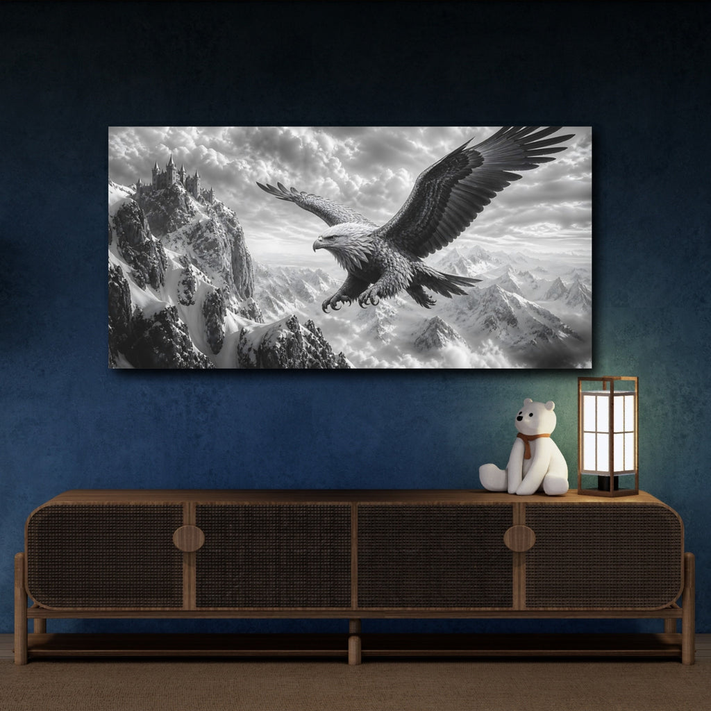 Mockup 4. Fairytale Eagle Monochrome Mountain Eagle shown as stretched canvas wall art
