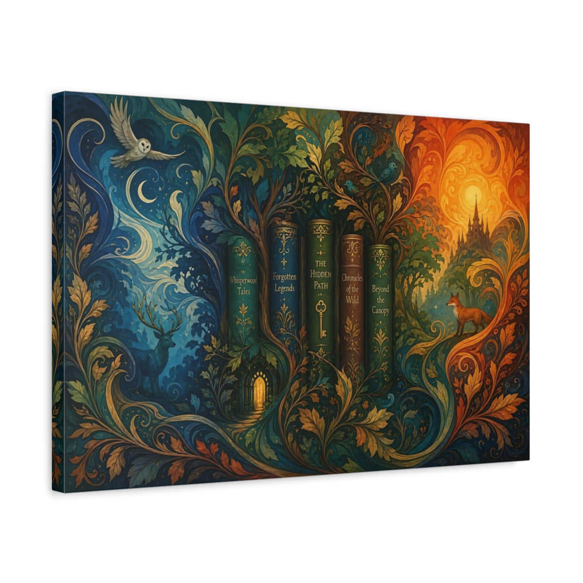 Side Mockup 3. Fairytale Enchanted Books Fantasy Forest shown as stretched canvas wall art