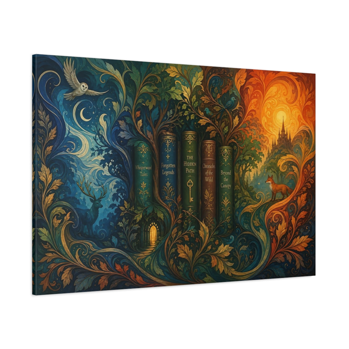 Side Mockup 1. Fairytale Enchanted Books Fantasy Forest shown as stretched canvas wall art