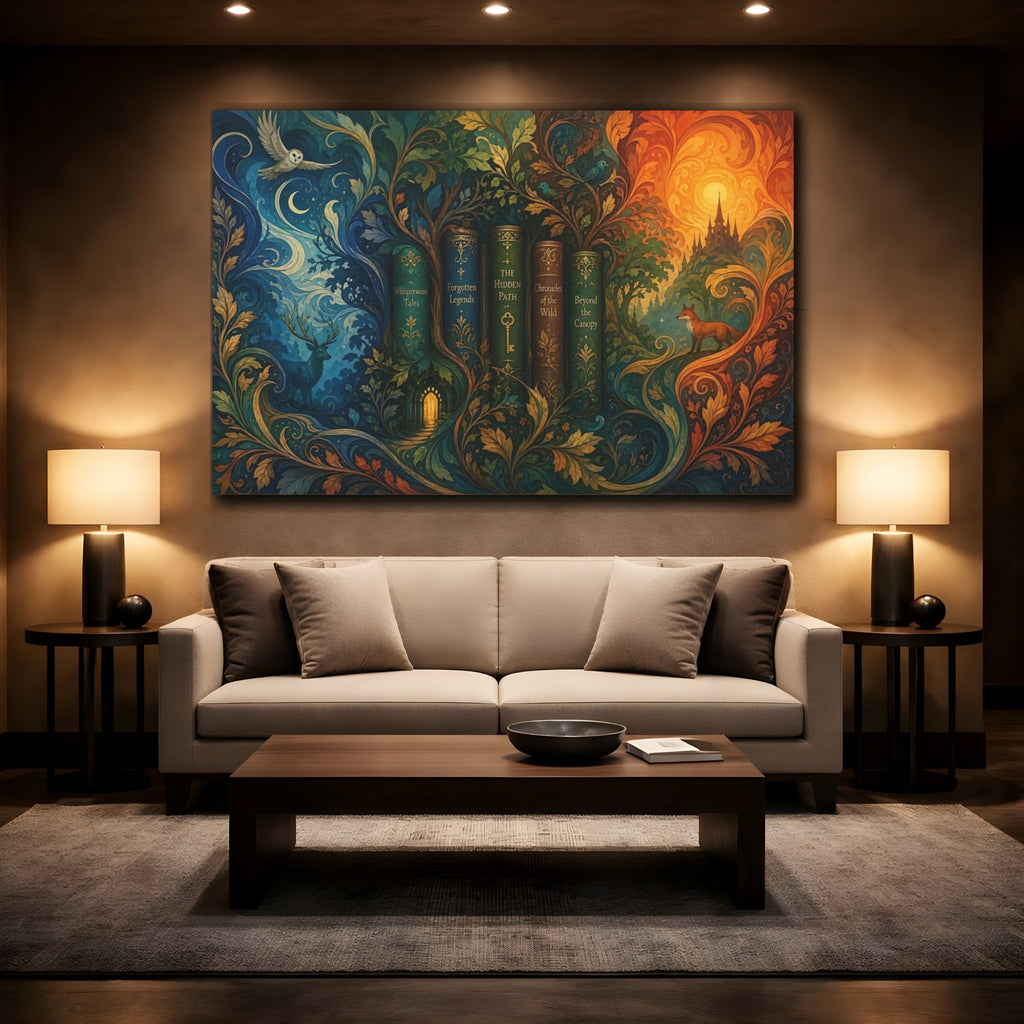 Mockup 2. Fairytale Enchanted Books Fantasy Forest shown as stretched canvas wall art
