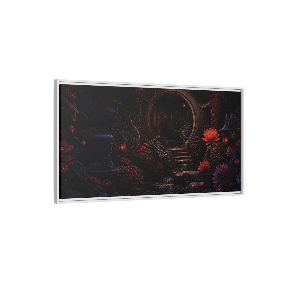Side Mockup 3. Fairytale Enchanted Garden Dark Red Garden shown as stretched canvas wall art
