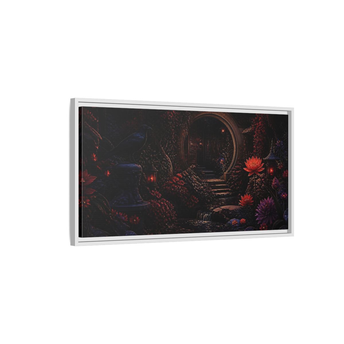 Side Mockup 1. Fairytale Enchanted Garden Dark Red Garden shown as stretched canvas wall art