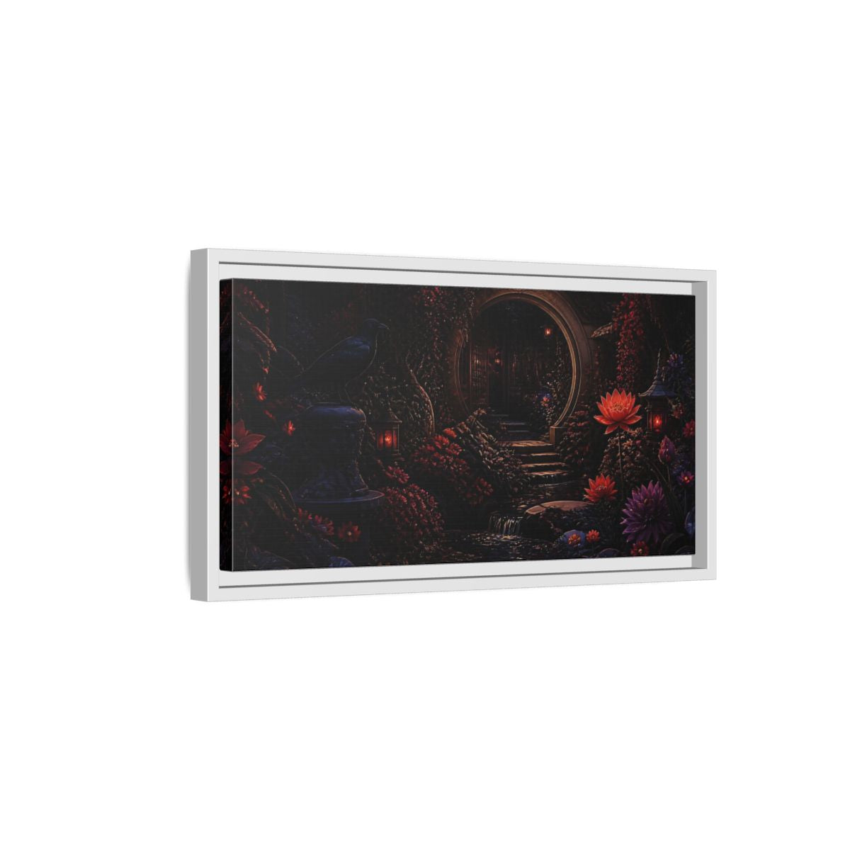 Side Mockup 6. Fairytale Enchanted Garden Dark Red Garden shown as stretched canvas wall art