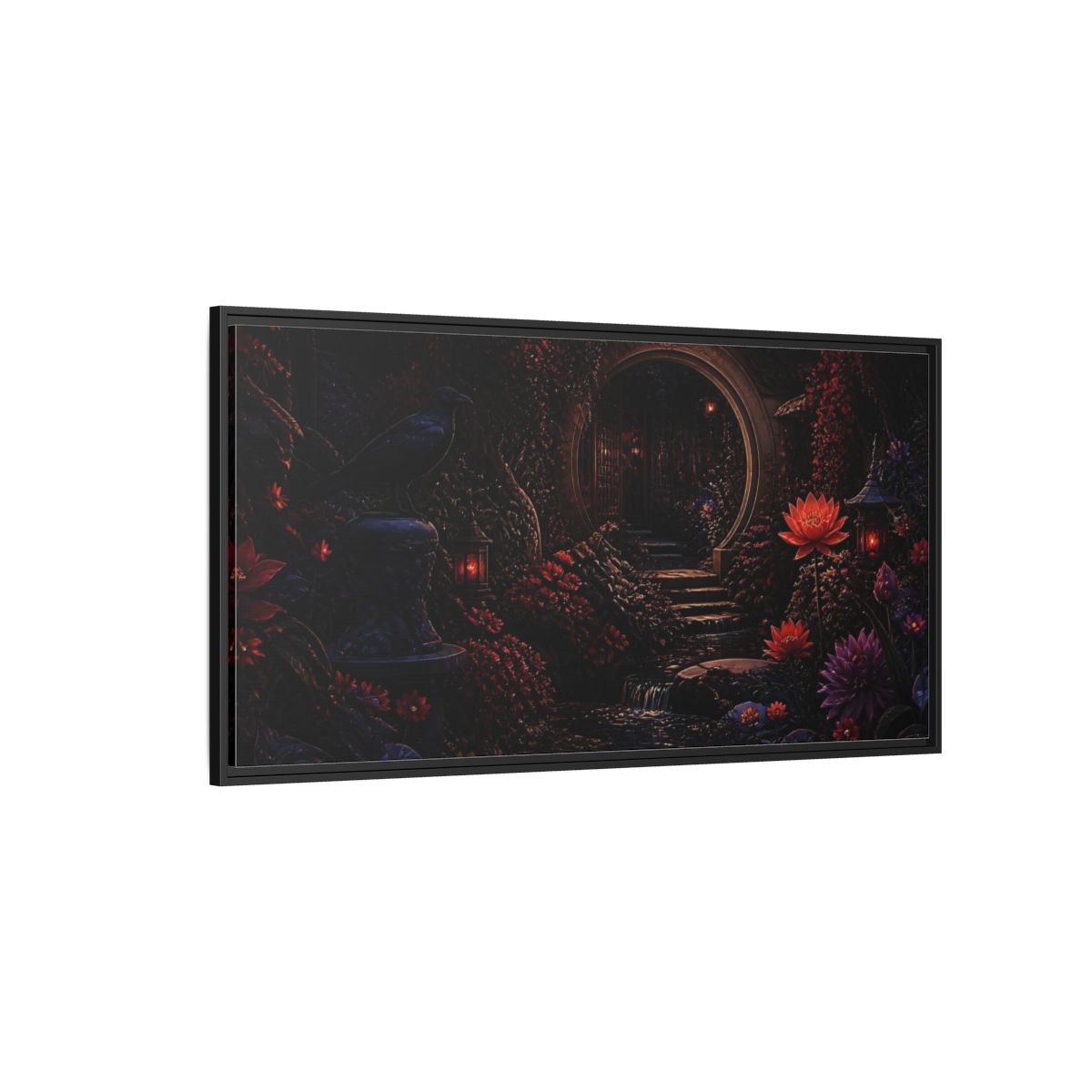 Side Mockup 5. Fairytale Enchanted Garden Dark Red Garden shown as stretched canvas wall art