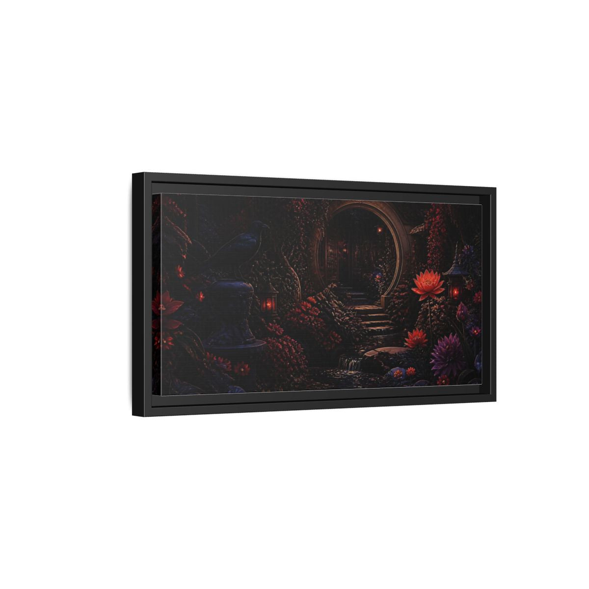 Side Mockup 8. Fairytale Enchanted Garden Dark Red Garden shown as stretched canvas wall art