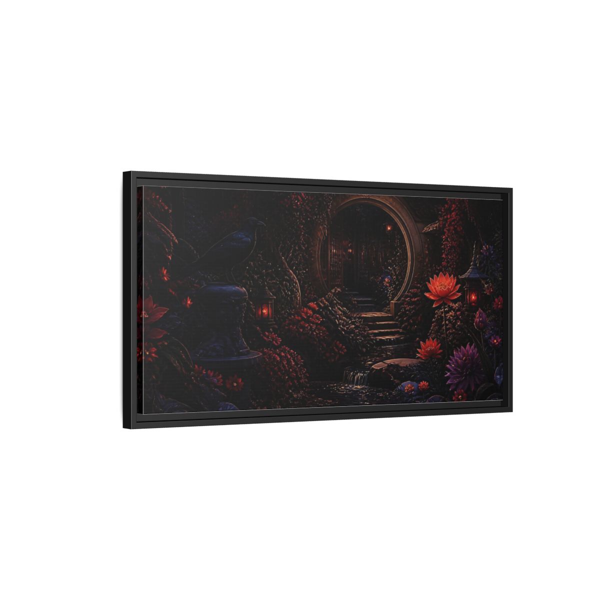 Side Mockup 2. Fairytale Enchanted Garden Dark Red Garden shown as stretched canvas wall art