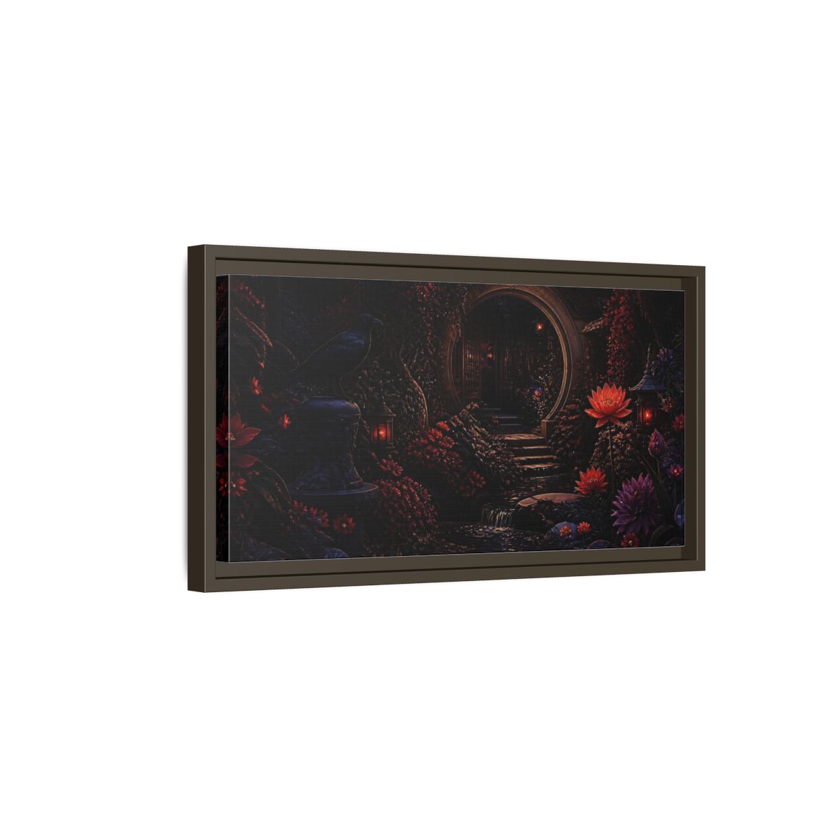 Side Mockup 7. Fairytale Enchanted Garden Dark Red Garden shown as stretched canvas wall art