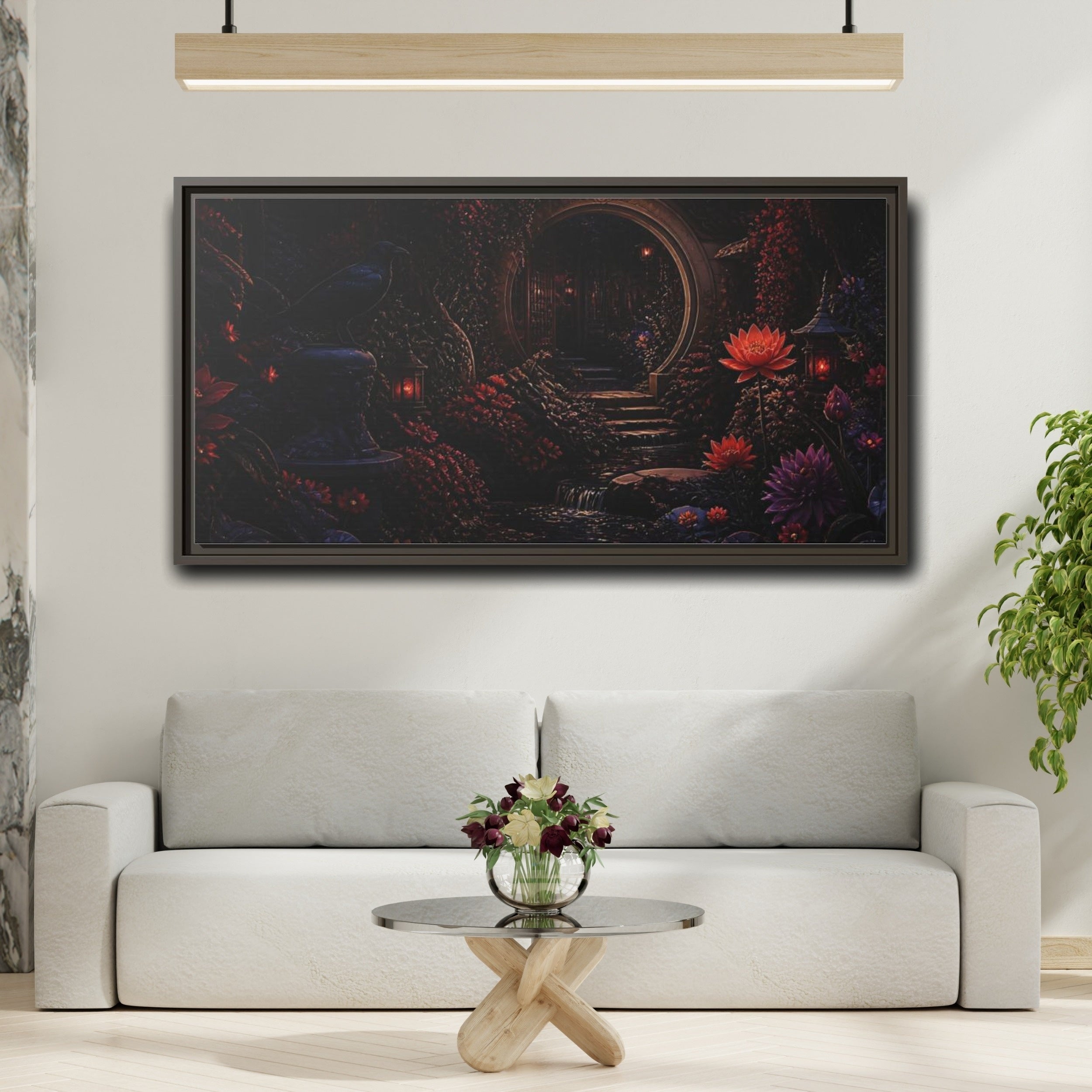 Mockup 2. Fairytale Enchanted Garden Dark Red Garden shown as stretched canvas wall art
