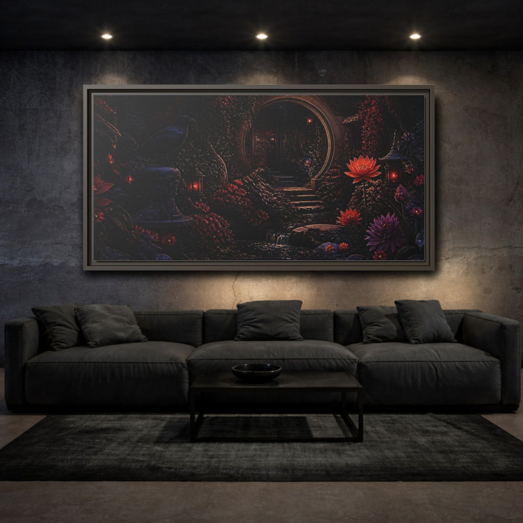 Mockup 3. Fairytale Enchanted Garden Dark Red Garden shown as stretched canvas wall art