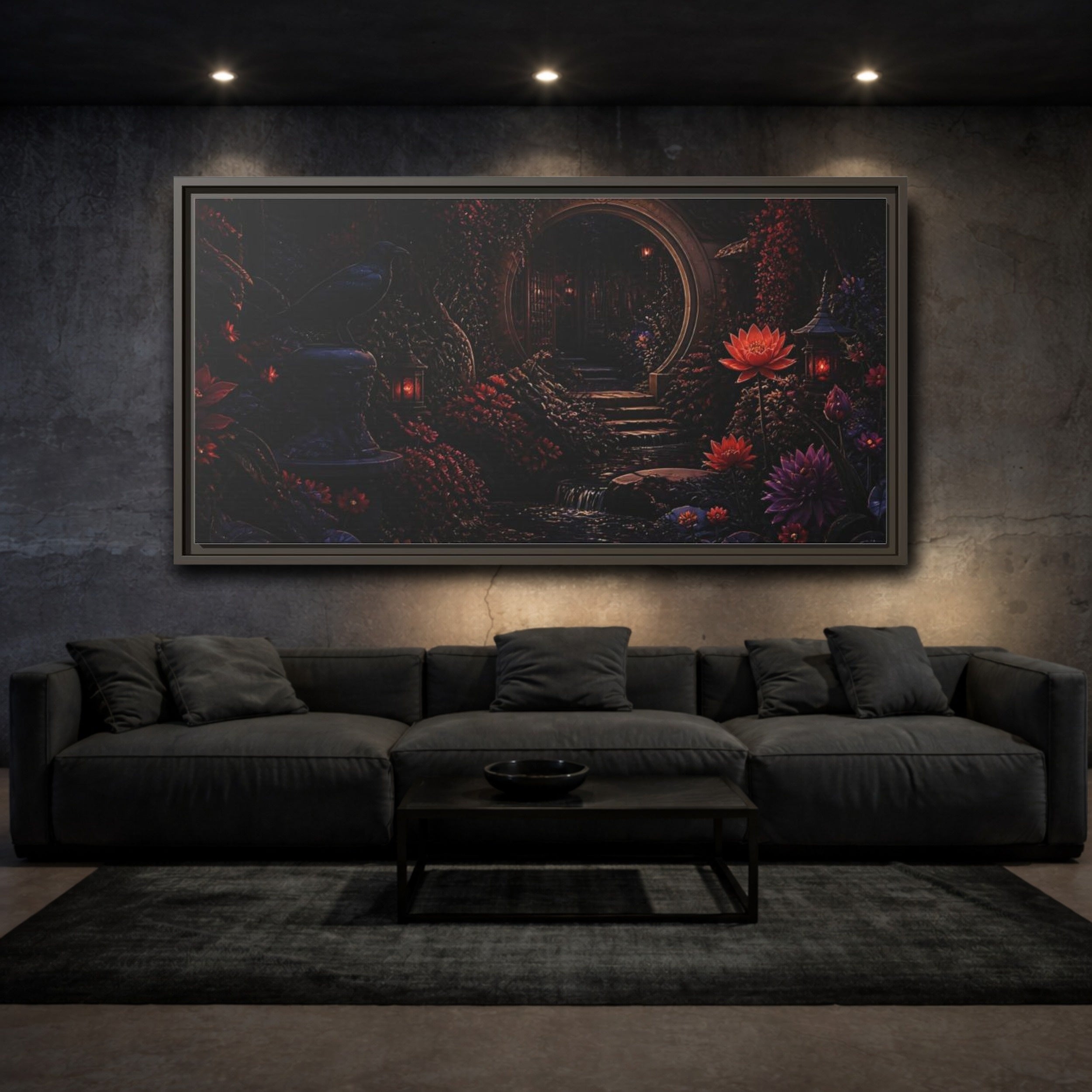 Mockup 3. Fairytale Enchanted Garden Dark Red Garden shown as stretched canvas wall art