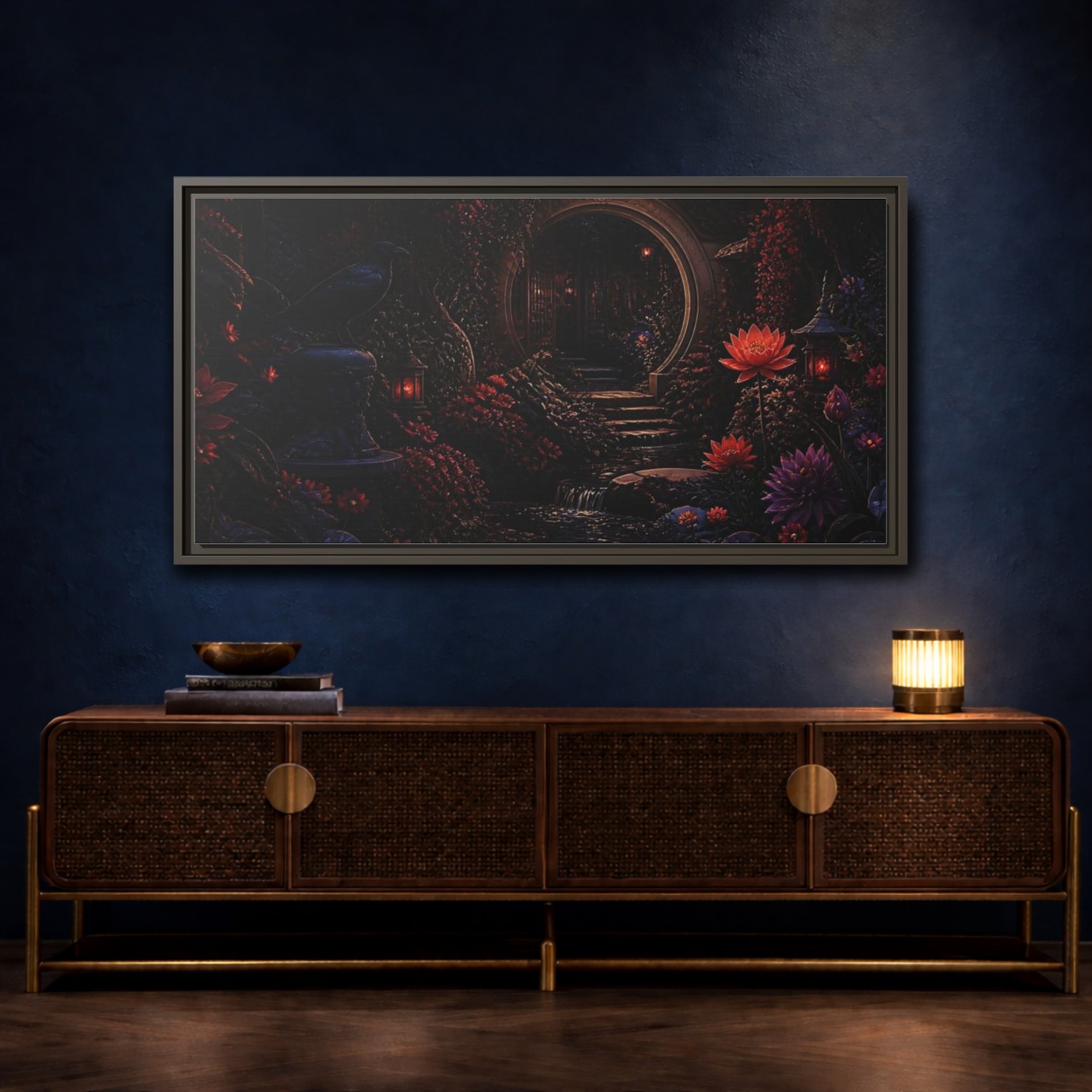 Mockup 4. Fairytale Enchanted Garden Dark Red Garden shown as stretched canvas wall art