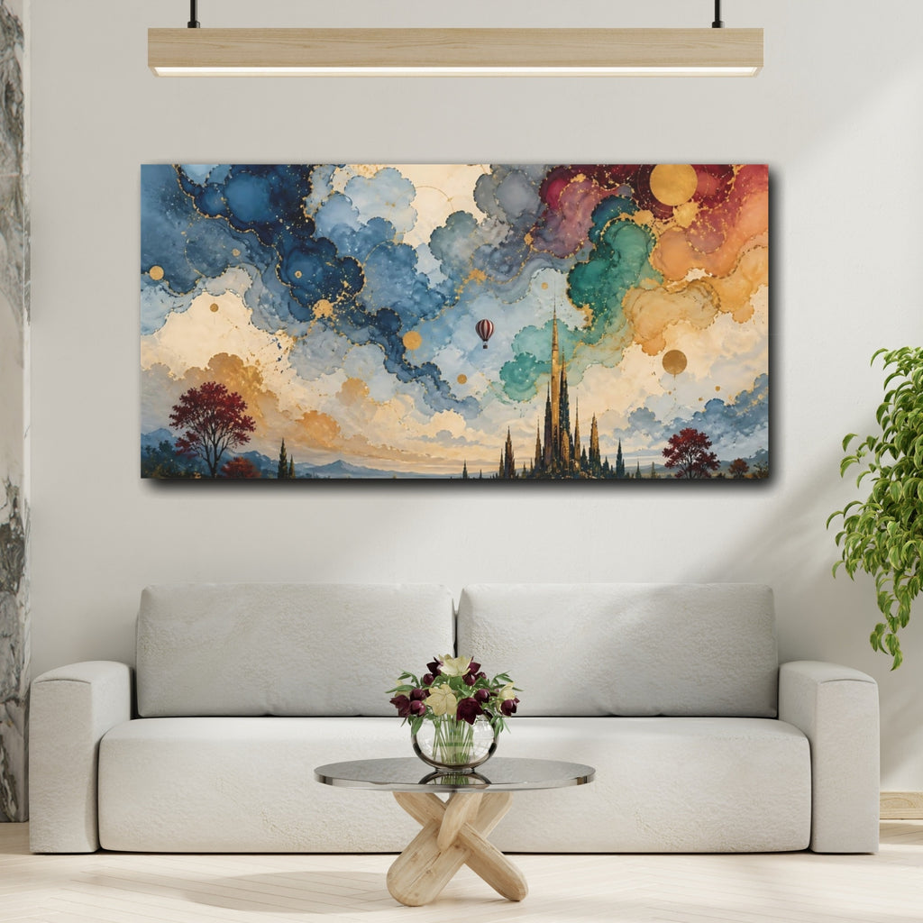 Mockup 2. Fairytale Fantasy City Fantasy City Gold shown as stretched canvas wall art