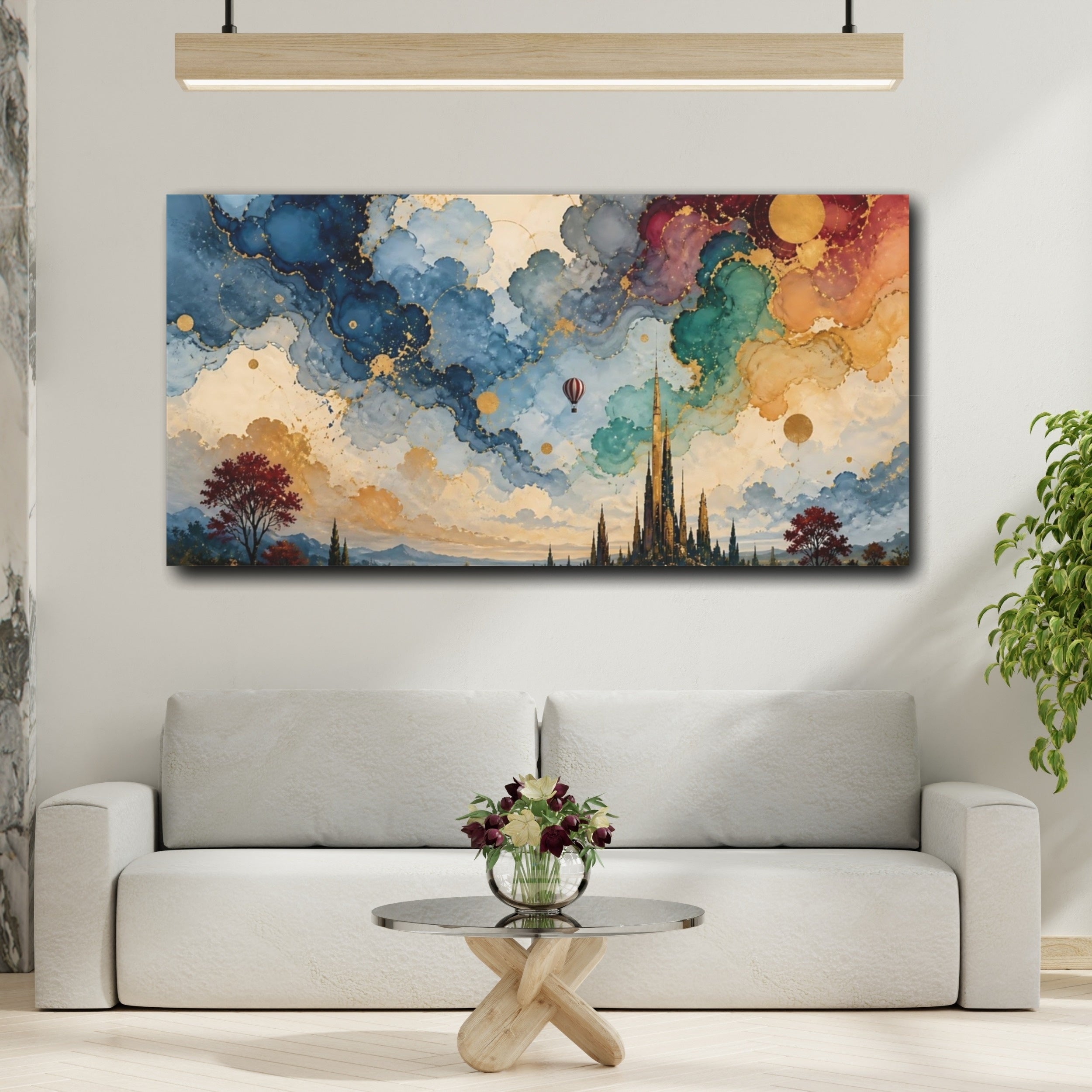 Mockup 2. Fairytale Fantasy City Fantasy City Gold shown as stretched canvas wall art