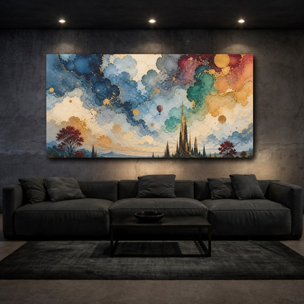 Mockup 3. Fairytale Fantasy City Fantasy City Gold shown as stretched canvas wall art