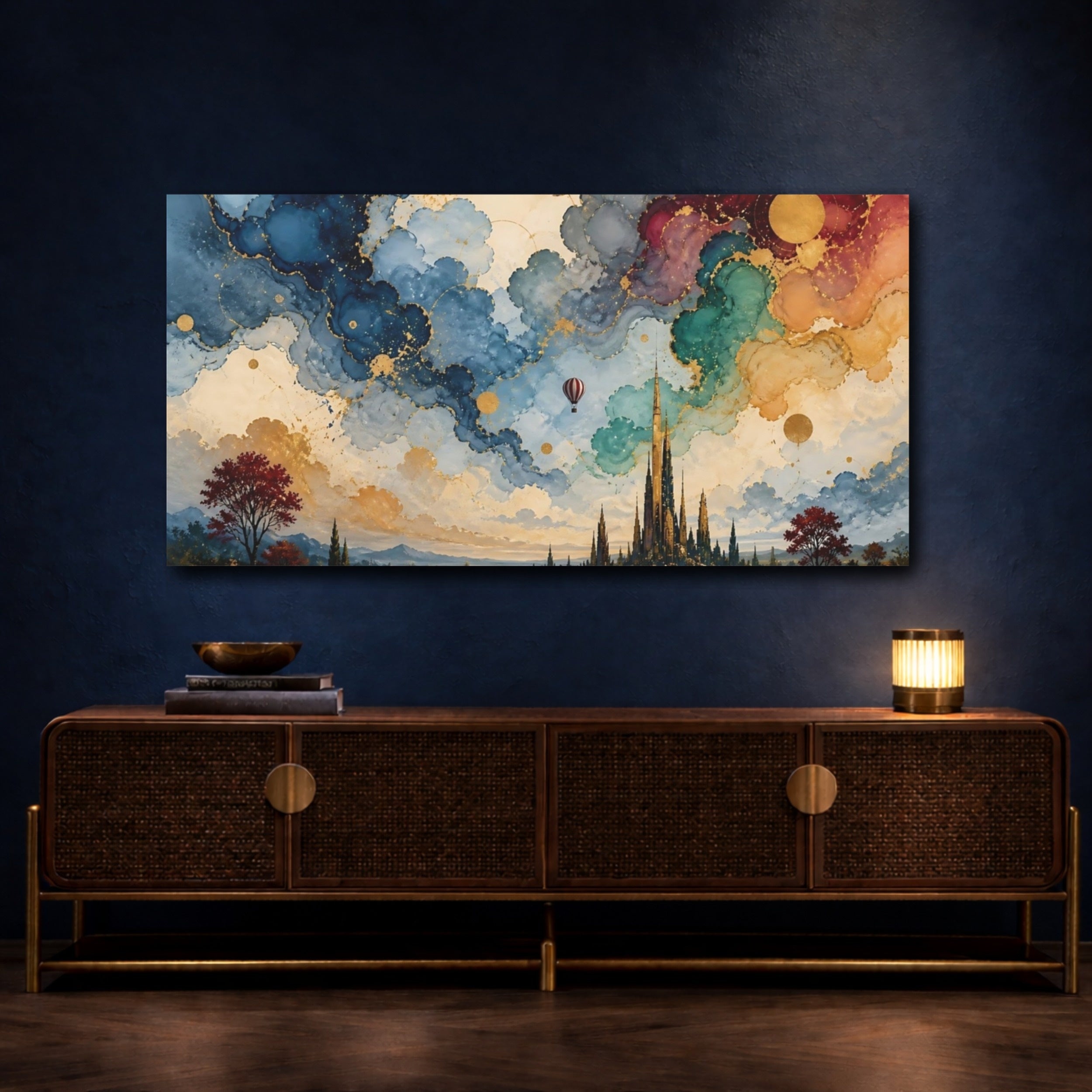 Mockup 4. Fairytale Fantasy City Fantasy City Gold shown as stretched canvas wall art