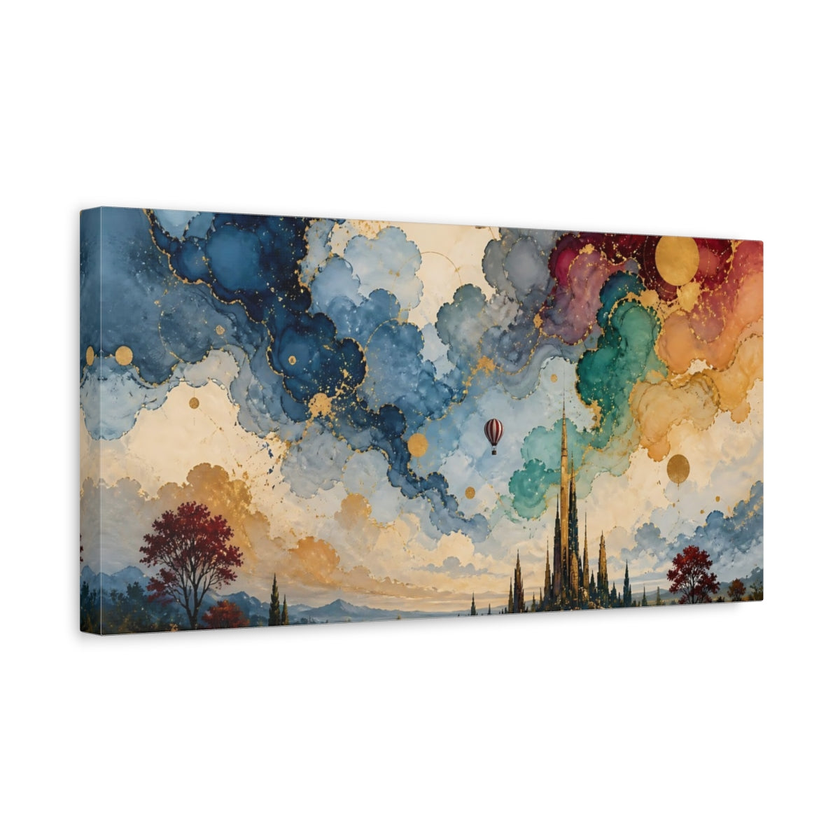 Side Mockup 3. Fairytale Fantasy City Fantasy City Gold shown as stretched canvas wall art