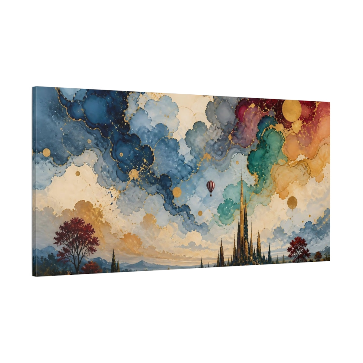 Side Mockup 2. Fairytale Fantasy City Fantasy City Gold shown as stretched canvas wall art
