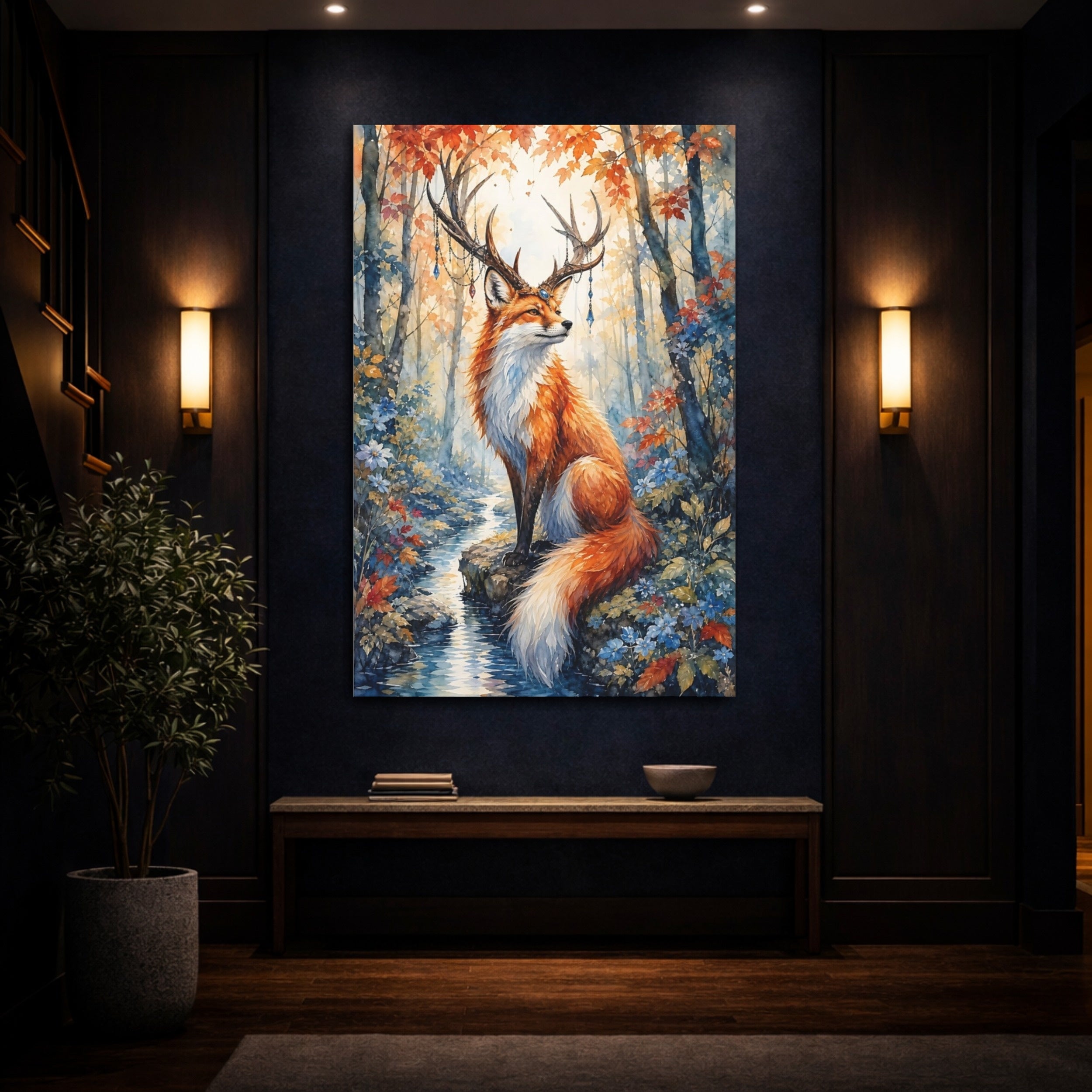 Mockup 4. Fairytale Fantasy Fox Orange Fantasy Fox shown as stretched canvas wall art