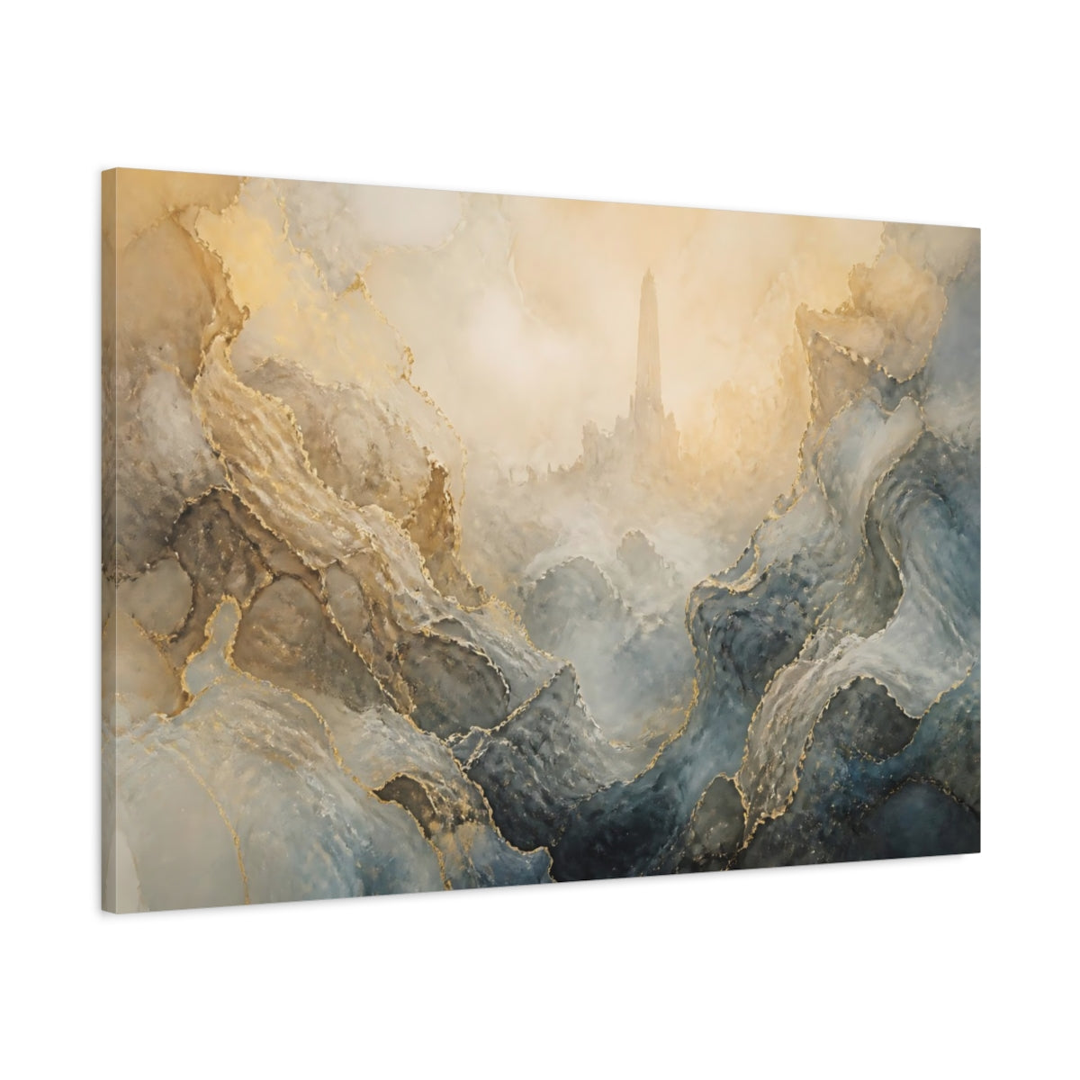 Main Mockup. Fairytale Fantasy Tower Abstract Gold Mountain shown as stretched canvas wall art