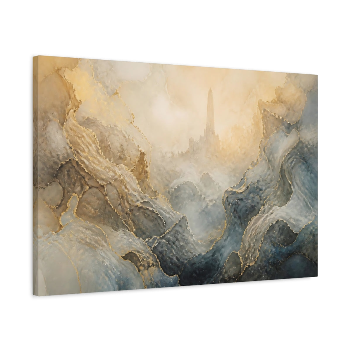 Side Mockup 2. Fairytale Fantasy Tower Abstract Gold Mountain shown as stretched canvas wall art