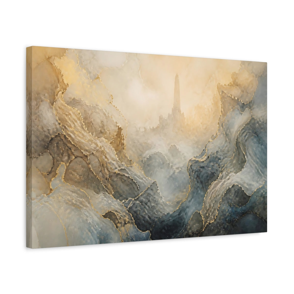 Side Mockup 3. Fairytale Fantasy Tower Abstract Gold Mountain shown as stretched canvas wall art