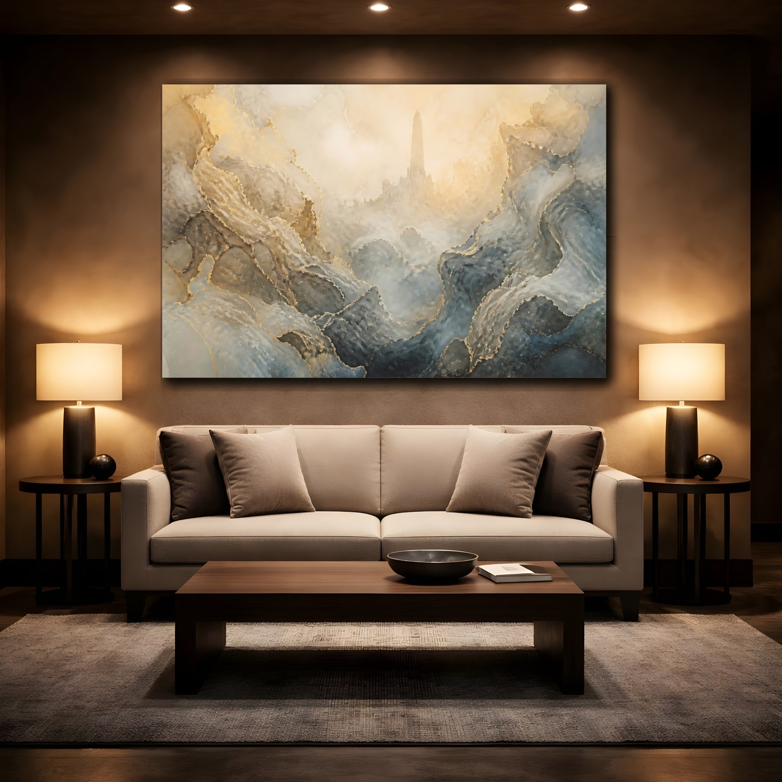 Mockup 2. Fairytale Fantasy Tower Abstract Gold Mountain shown as stretched canvas wall art