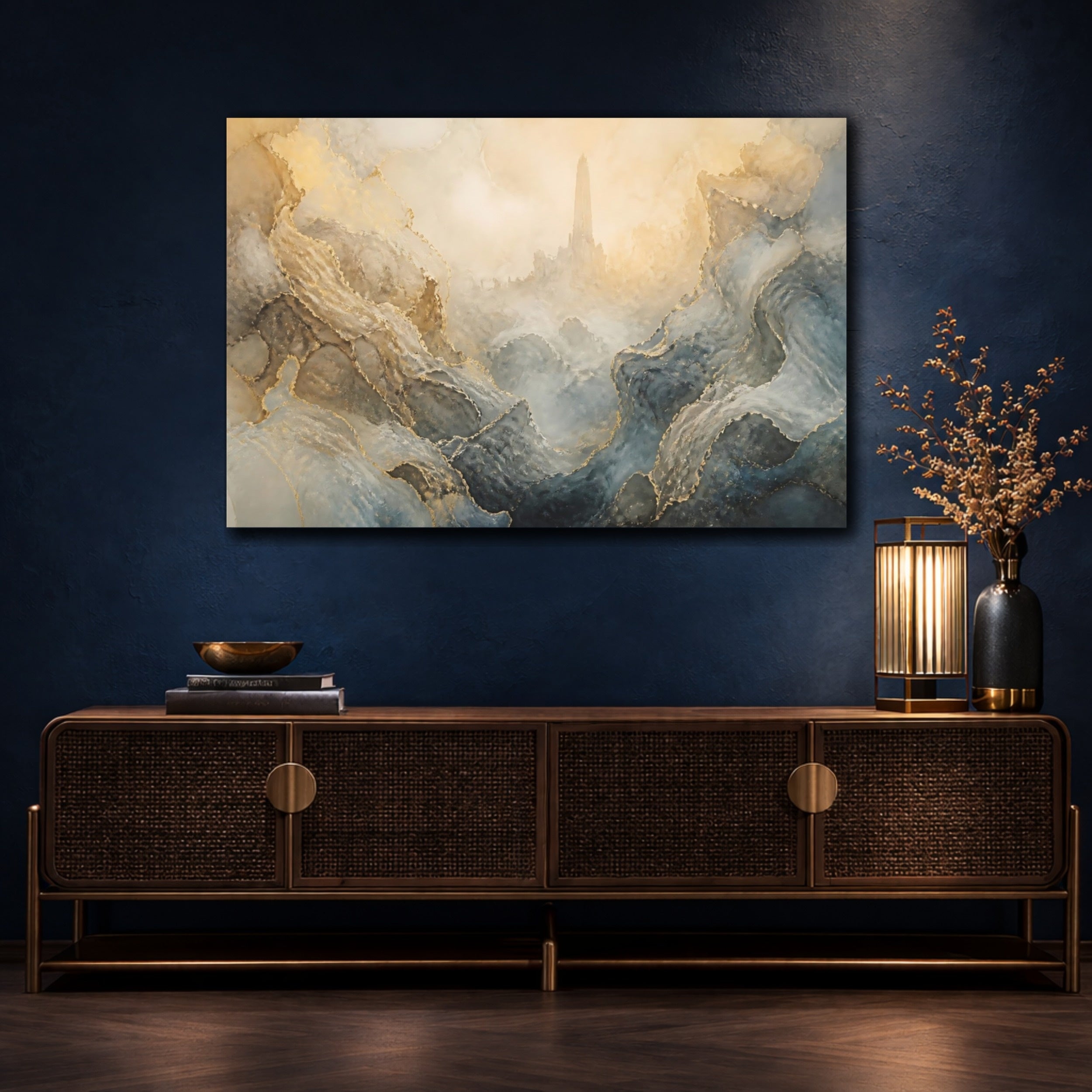 Mockup 4. Fairytale Fantasy Tower Abstract Gold Mountain shown as stretched canvas wall art