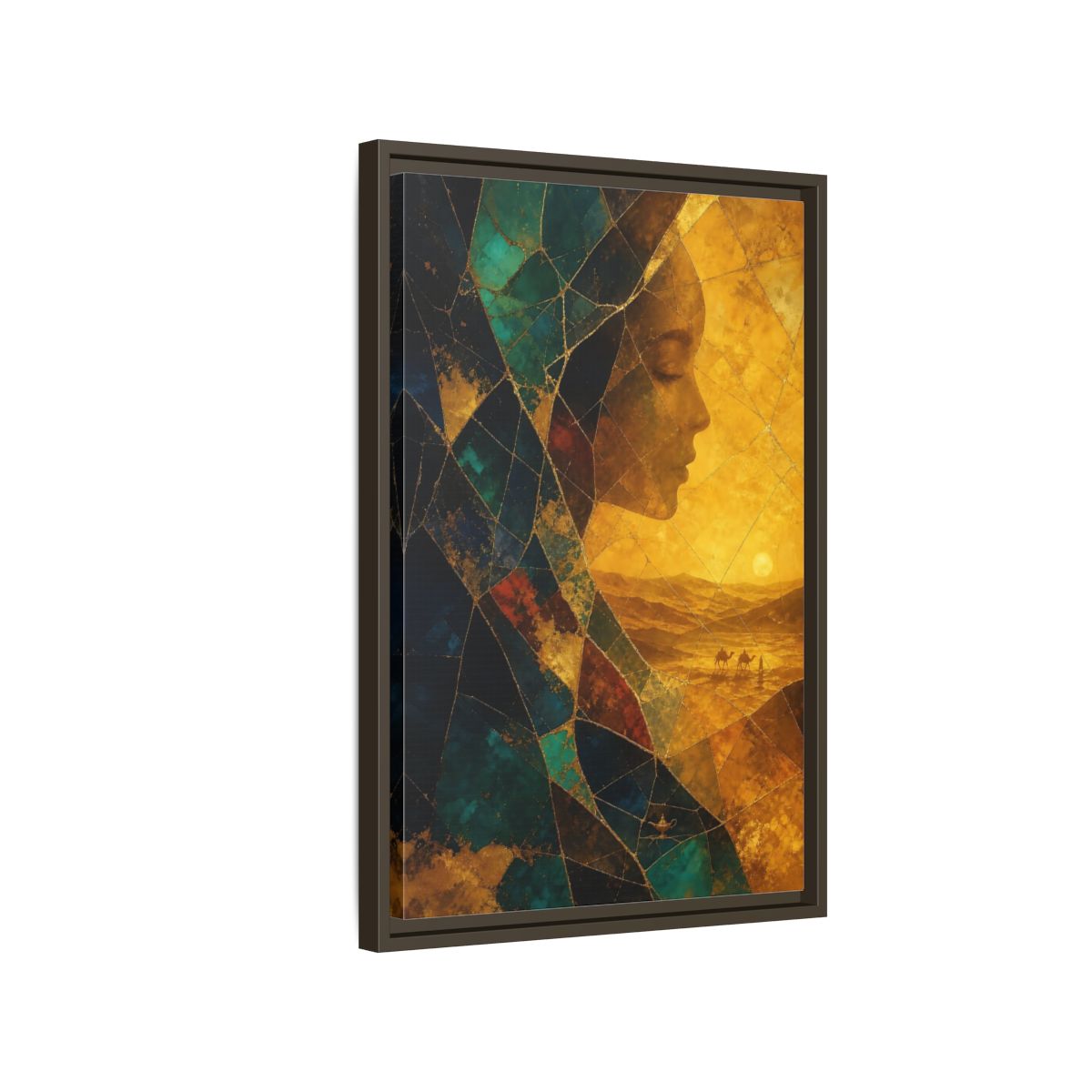Side Mockup 2. Fairytale Female Profile Gold Teal Woman shown as stretched canvas wall art