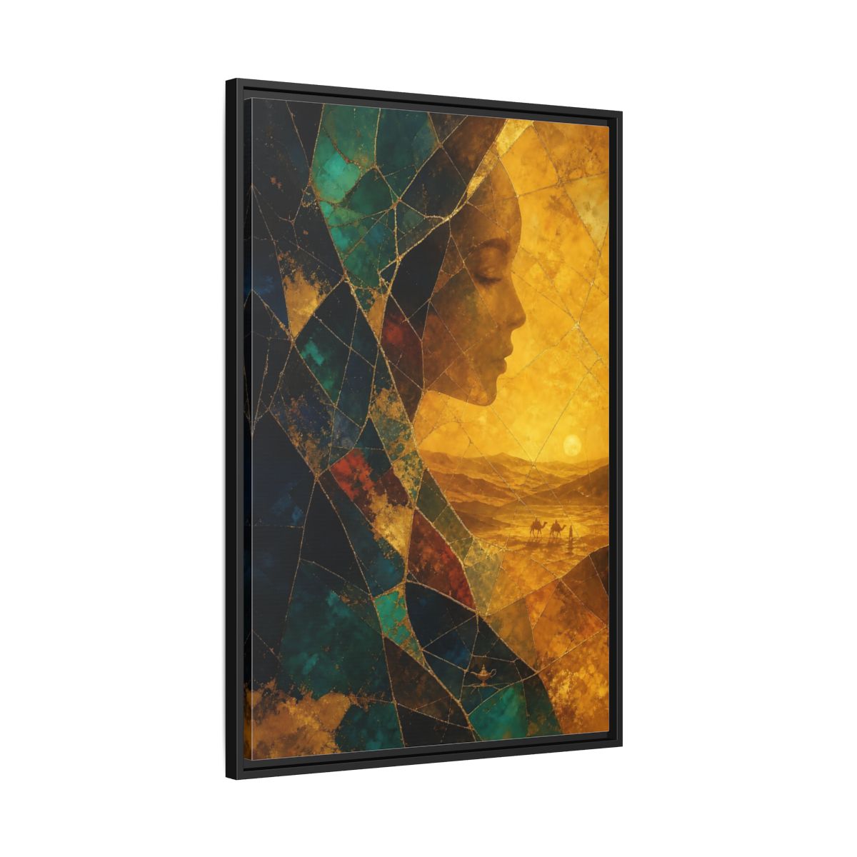 Side Mockup 13. Fairytale Female Profile Gold Teal Woman shown as stretched canvas wall art