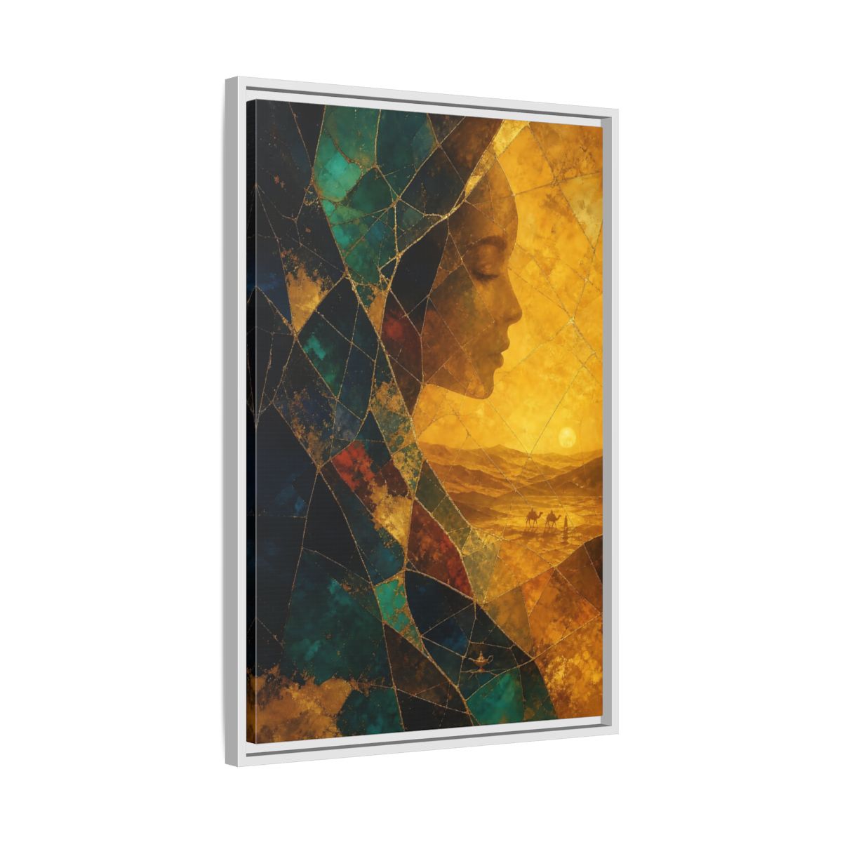Side Mockup 10. Fairytale Female Profile Gold Teal Woman shown as stretched canvas wall art