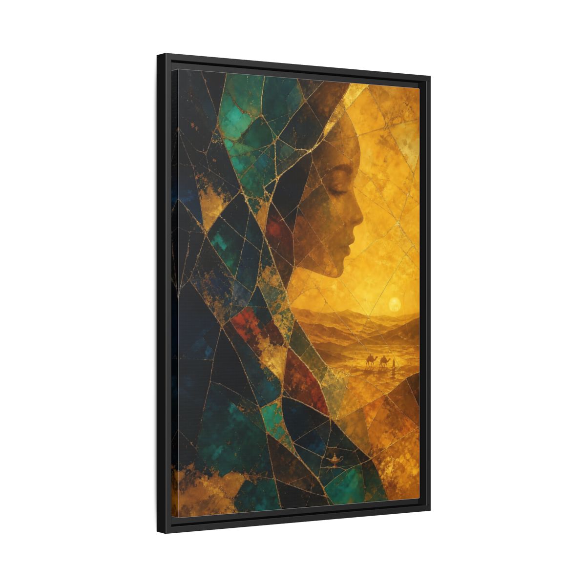 Side Mockup 14. Fairytale Female Profile Gold Teal Woman shown as stretched canvas wall art