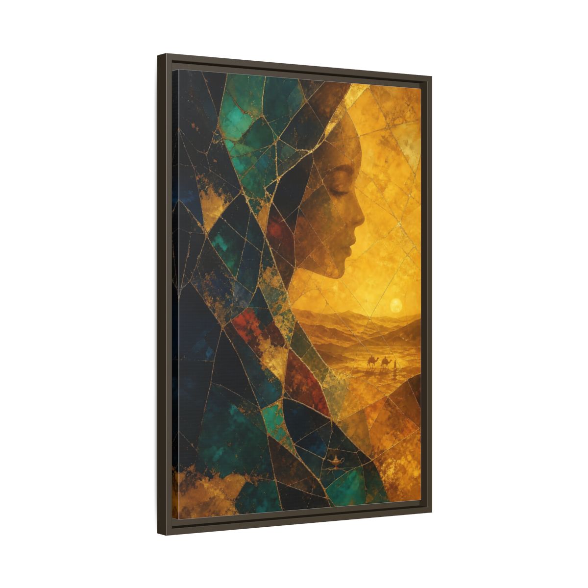 Side Mockup 11. Fairytale Female Profile Gold Teal Woman shown as stretched canvas wall art
