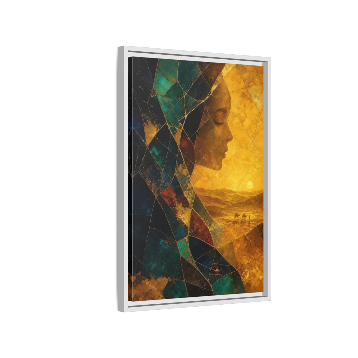 Side Mockup 1. Fairytale Female Profile Gold Teal Woman shown as stretched canvas wall art