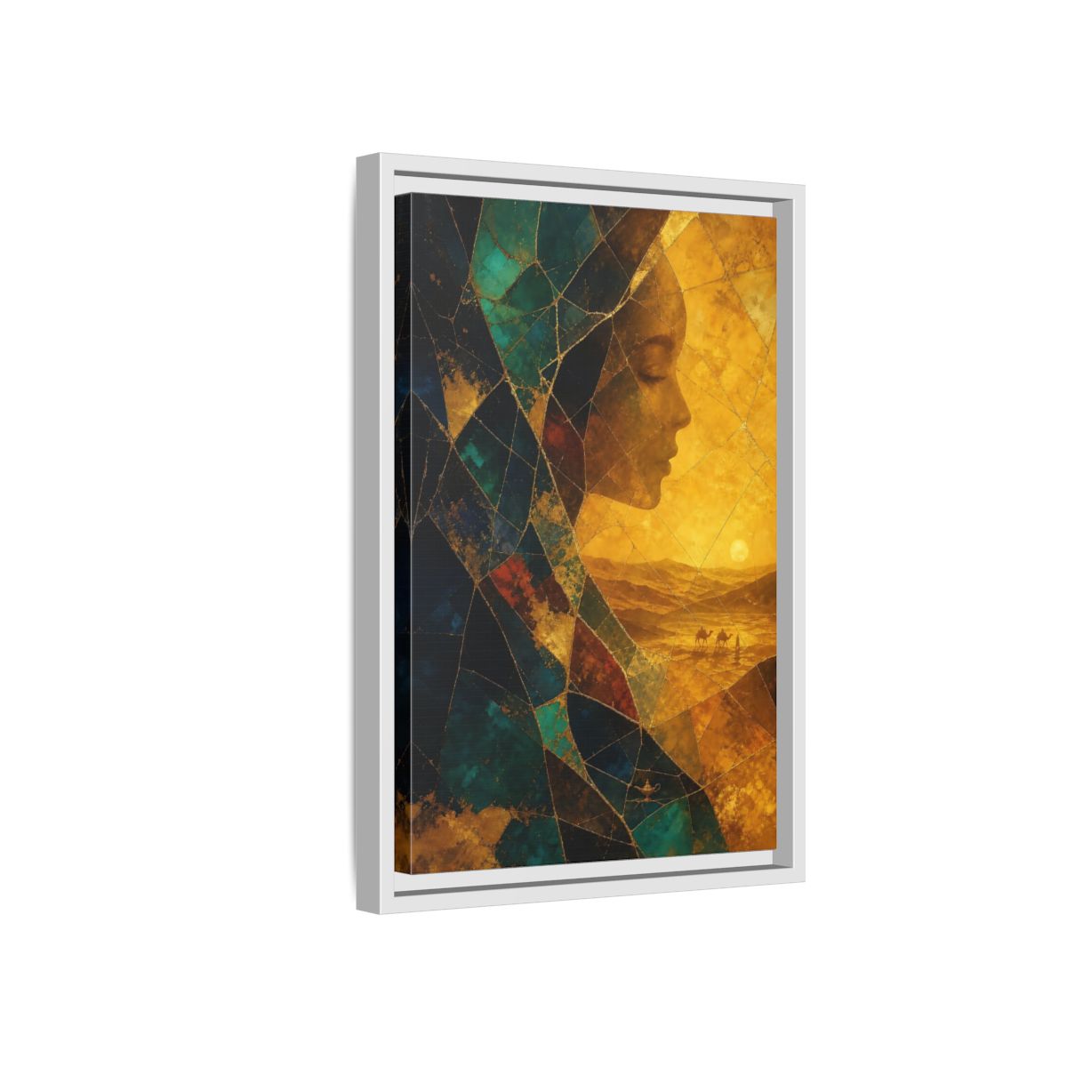 Side Mockup 4. Fairytale Female Profile Gold Teal Woman shown as stretched canvas wall art