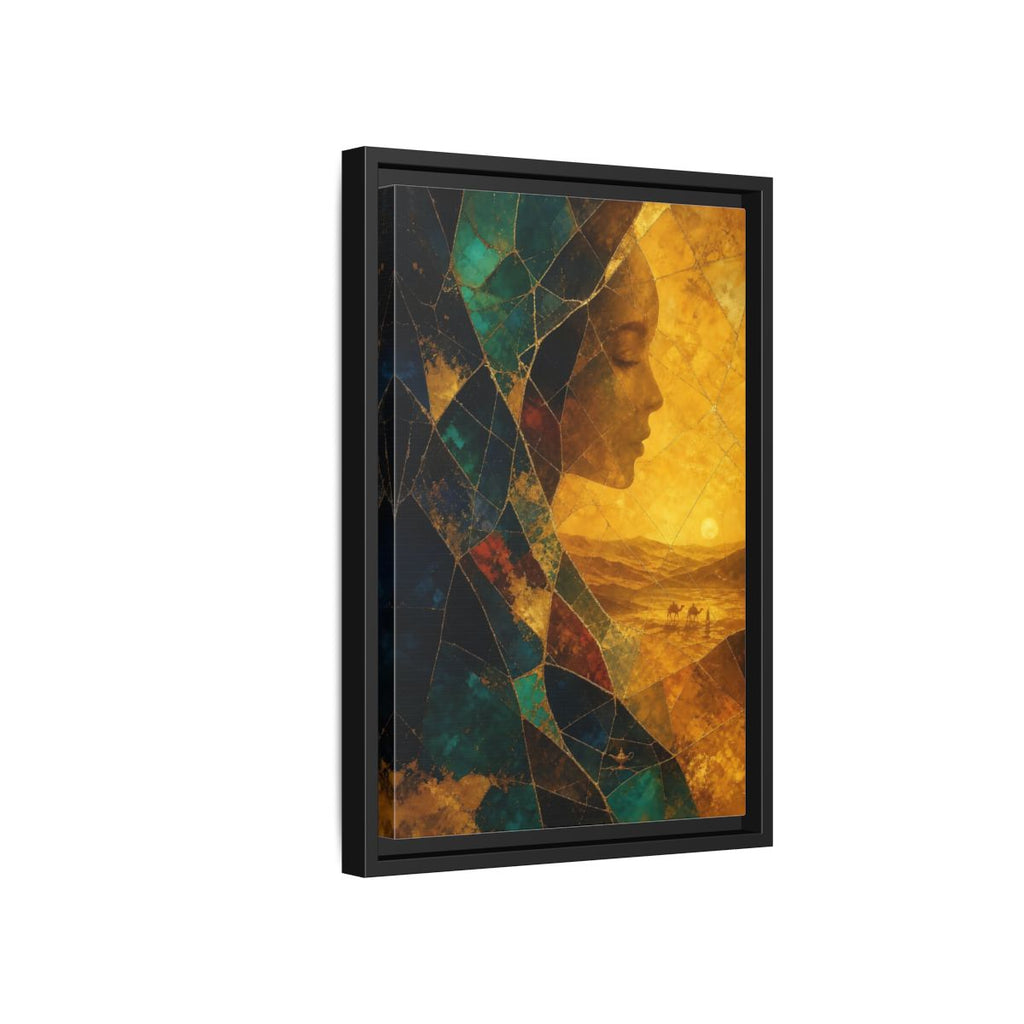 Side Mockup 6. Fairytale Female Profile Gold Teal Woman shown as stretched canvas wall art
